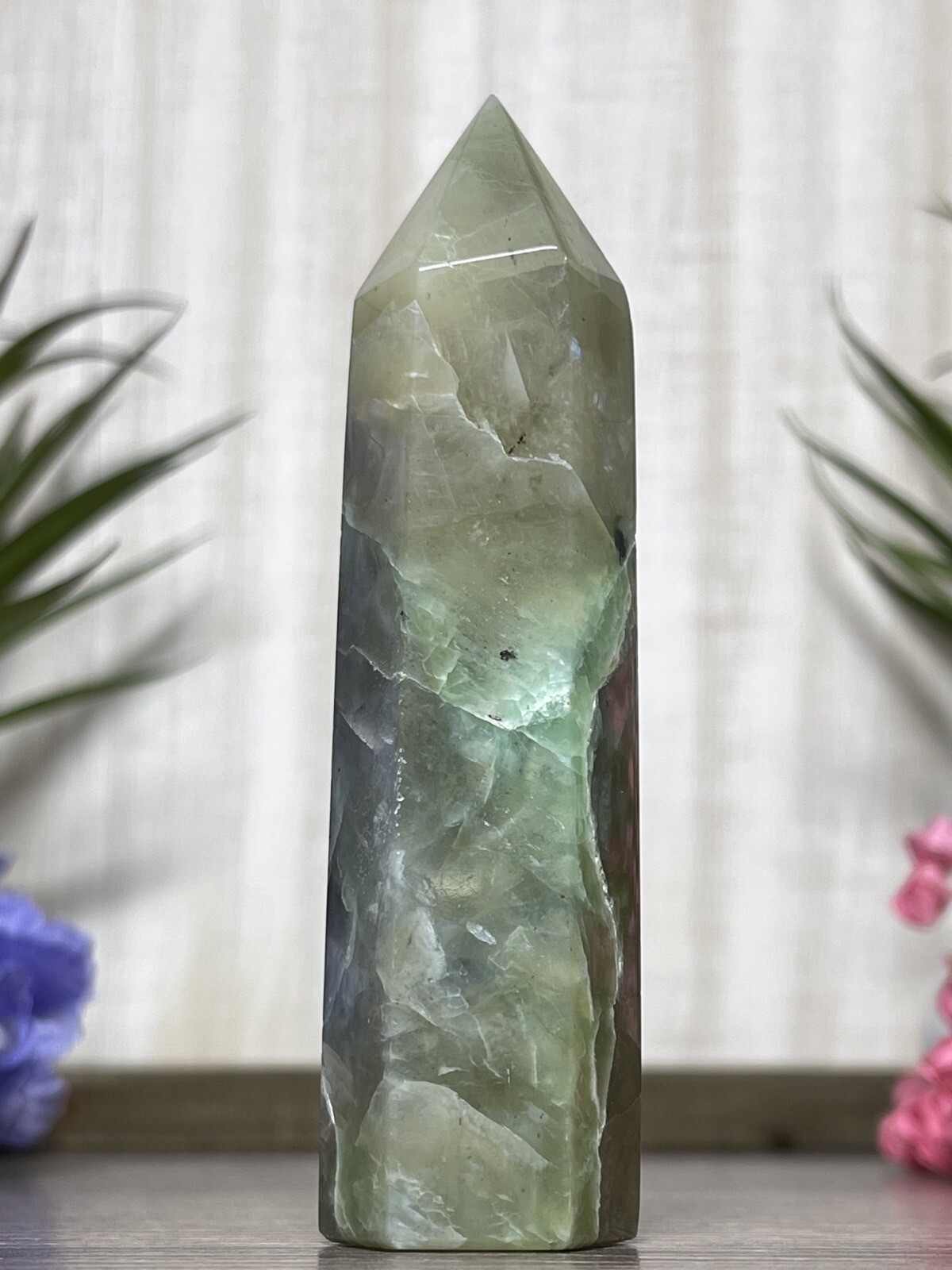 GREEN MOONSTONE TOWER – Blue Flash Garnierite Crystal Mineral Point Witch Wiccan