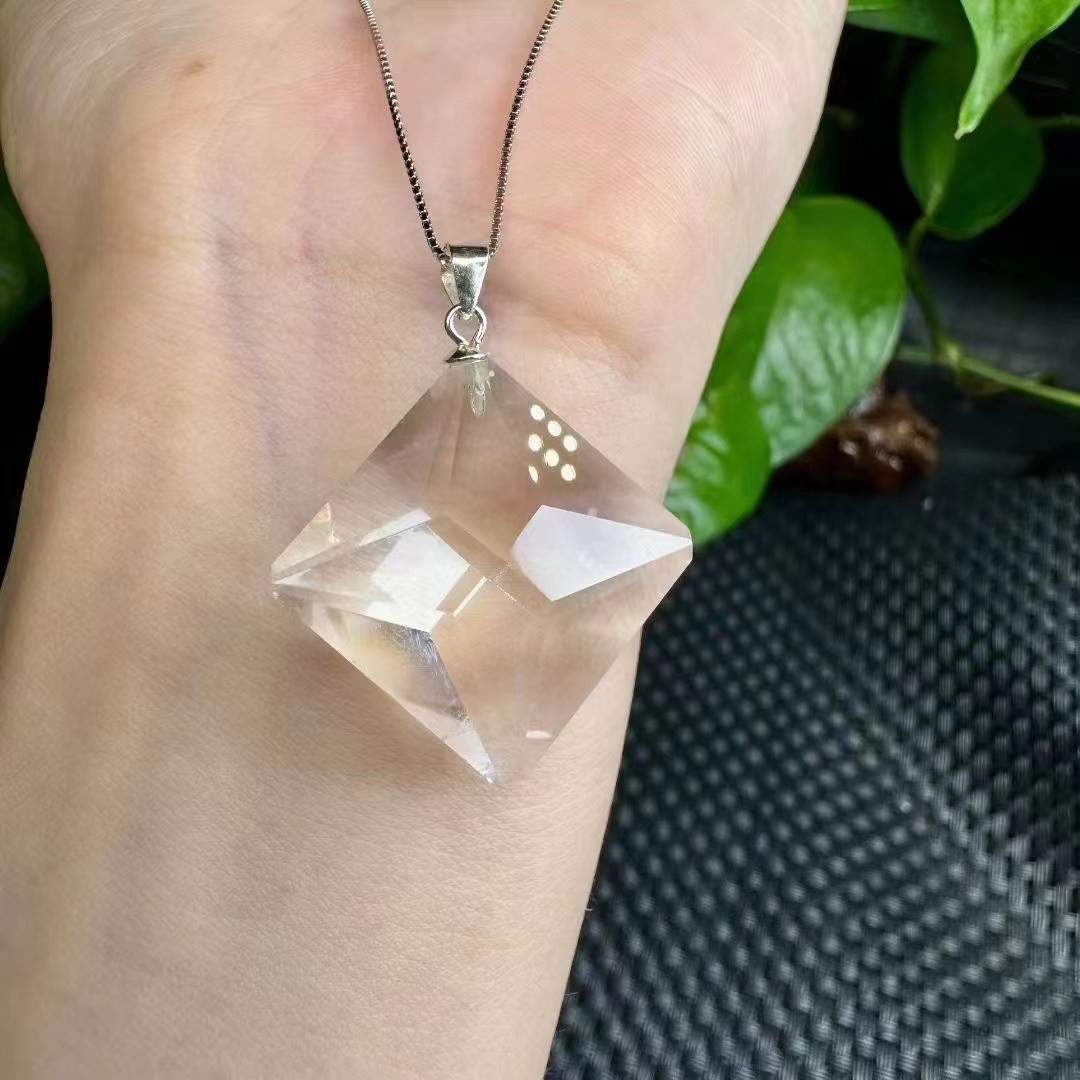1pc Natural clear crystal rhombus pendant S925 silver reiki healing