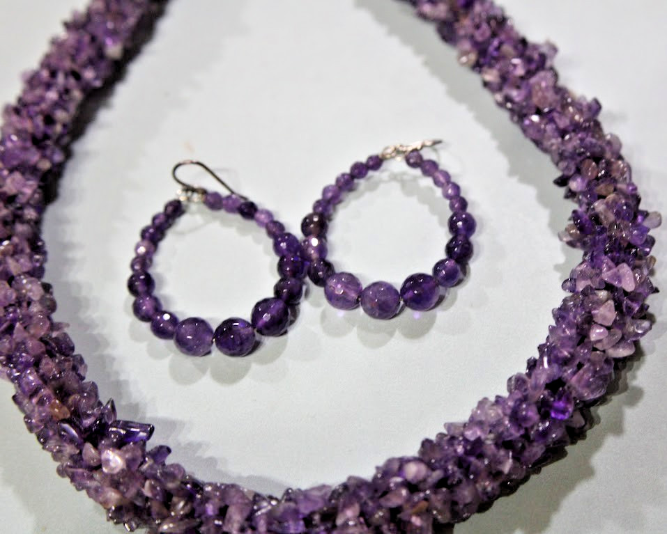 Vintage Natural Amethyst Chip Statement Necklace Bracelet Hoop Earrings Jewelry