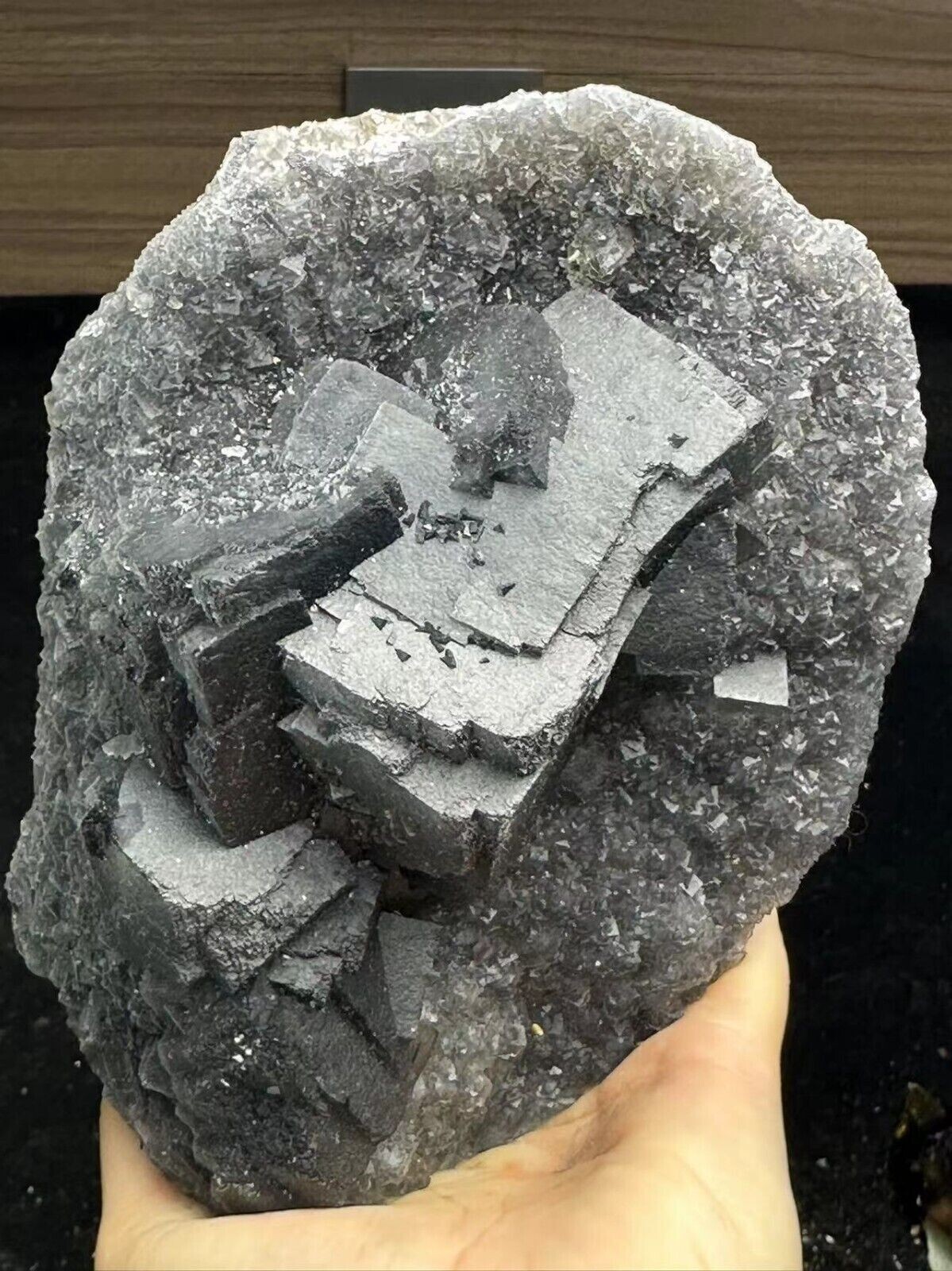 2.5 LB Translucent Deep Blue Cube Ladder Fluorite Crystal on Quartz Mineral