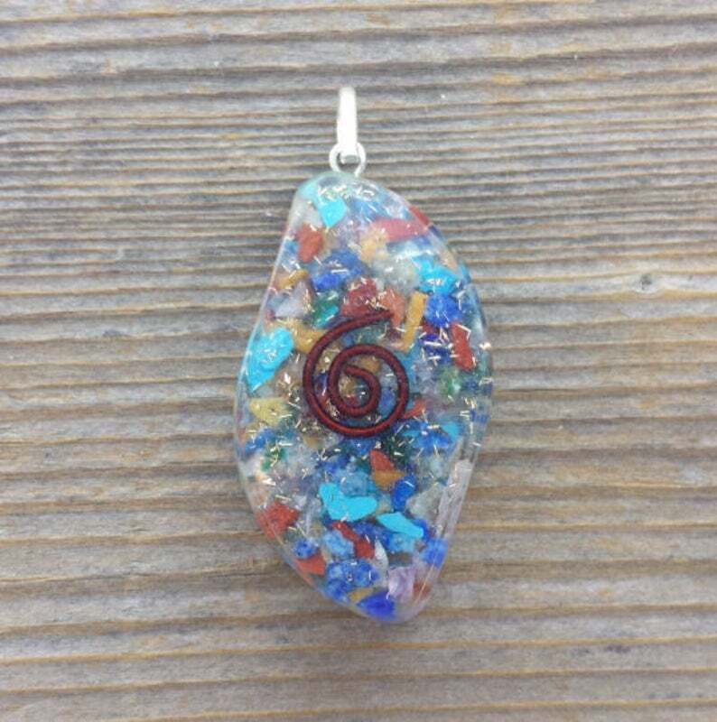 ORGONE 7 CHAKRA MIXED GEMSTONE EYE SHAPED PENDANT ORGONITE (ONE)