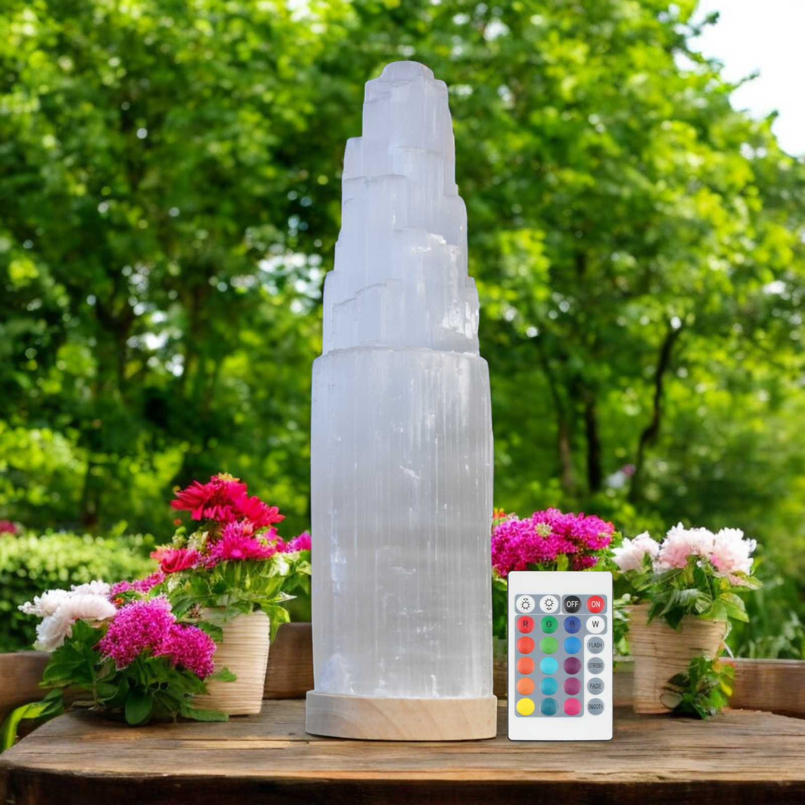 XL Selenite Tower Lamp 14″-35cm with wood base multicolor LED light from Morroco