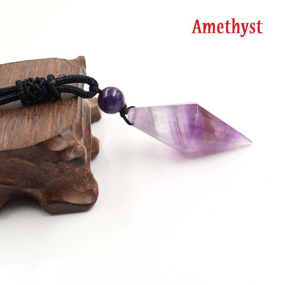 Natural Gemstone Beads Crystal Healing Cone Hexagonal Point Pendant Necklace