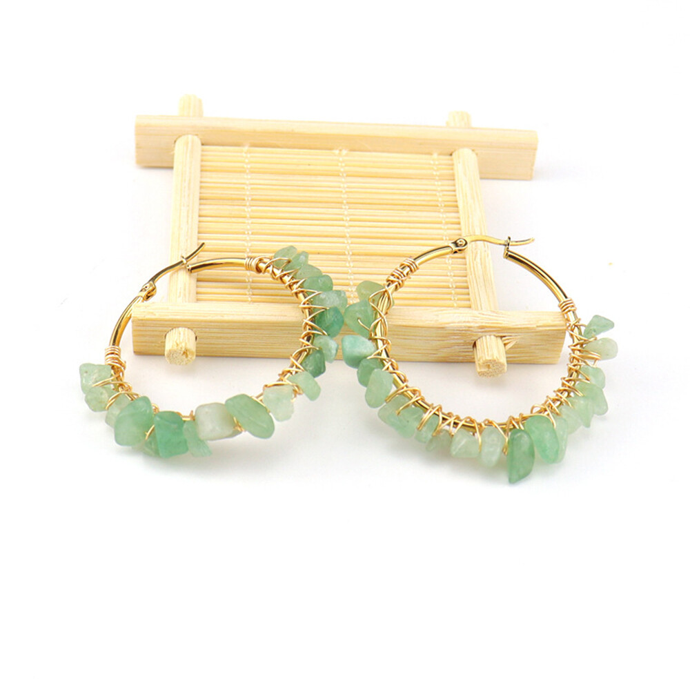 Wire Wrapped Crystal Chips Earrings Natural Stone Gravel Round Circle Jewelry