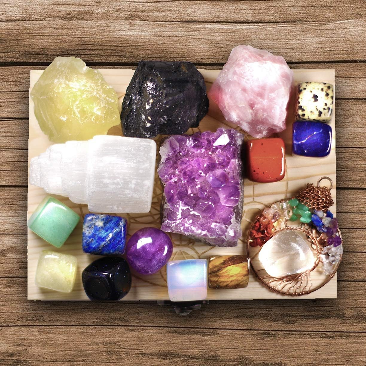 16 LARGE Natural Healing Crystals Set in Wooden Box Tumbled Rough & Raw Crystals