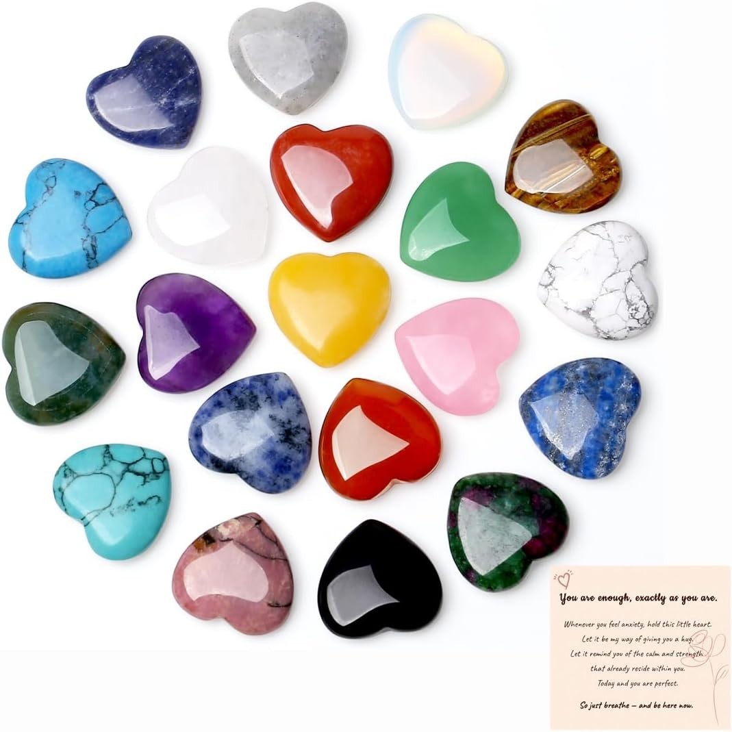 20PCS Natural Crystals and Healing Stones Set – Polished Heart Gemstones 0.8″