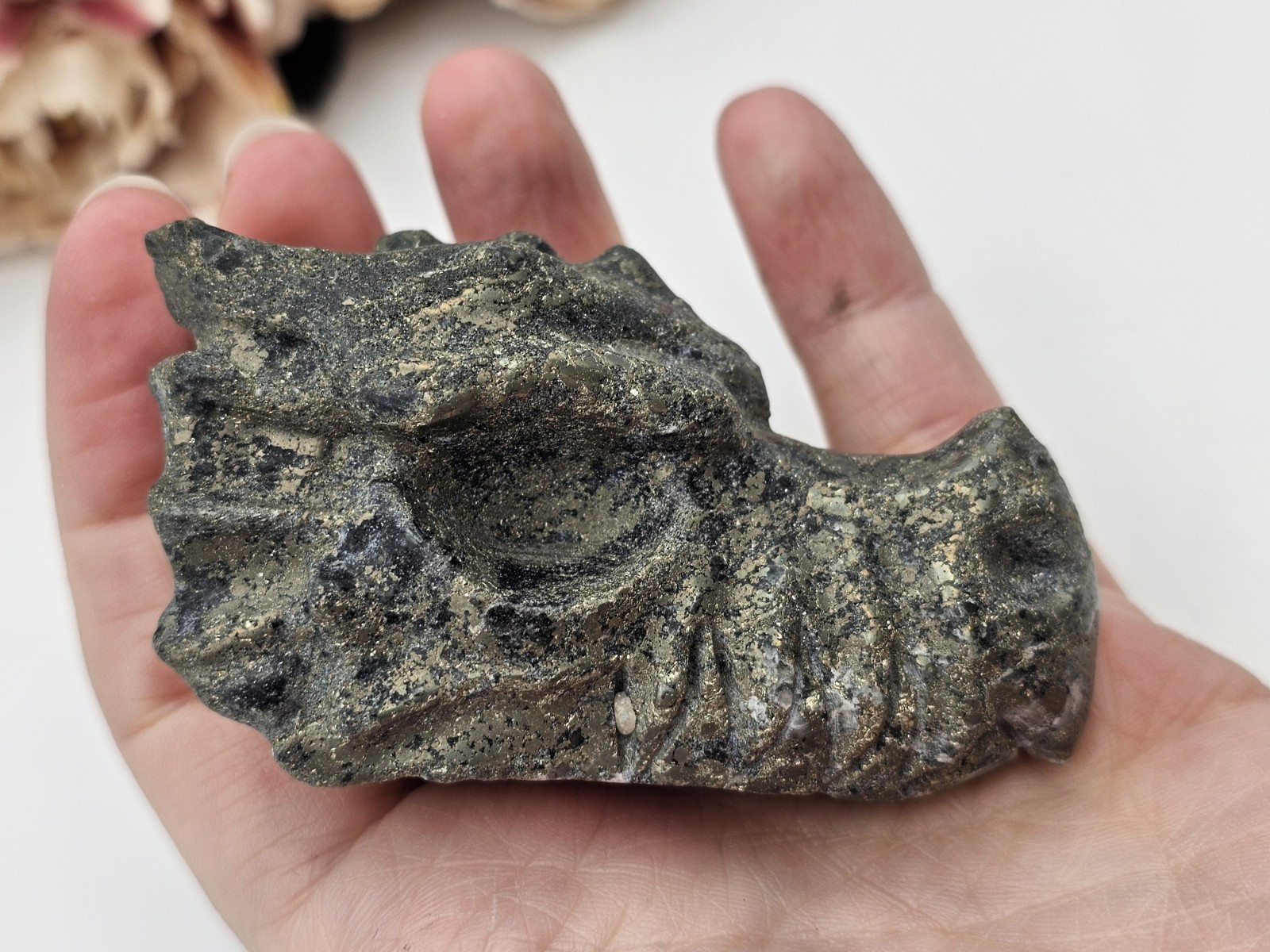Pyrite crystal Dragon head Carving 6.7 X 4cm 193g Abundance Wealth