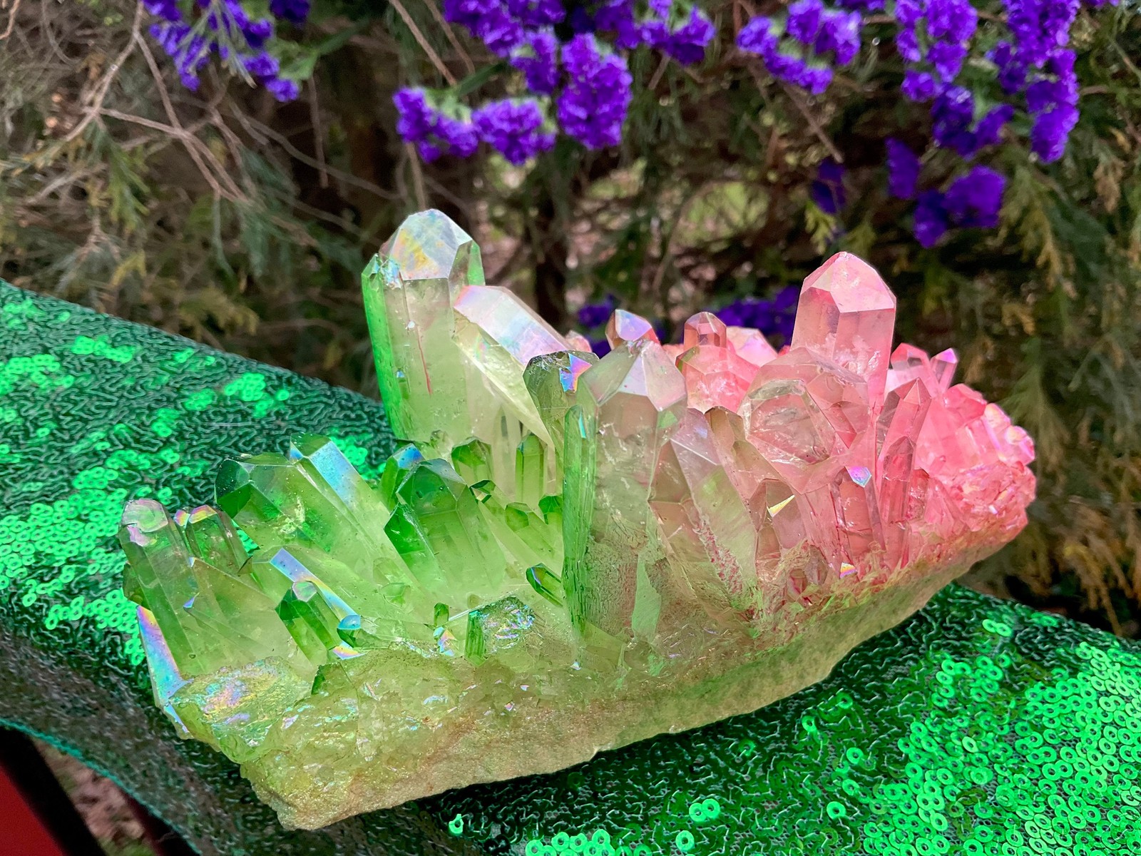 Pink & Green Aura Quartz Crystal Cluster ~ 1 Lb. 14 oz. ~ 6 1/2″ Long ~ Sparkli