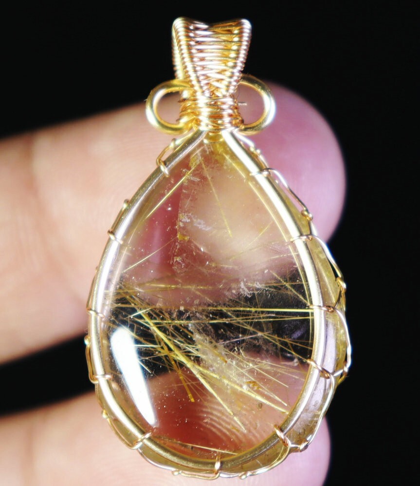 Natural Clear Golden Sun Rutilated Titanium Quartz Crystal Stone Pendant Healing