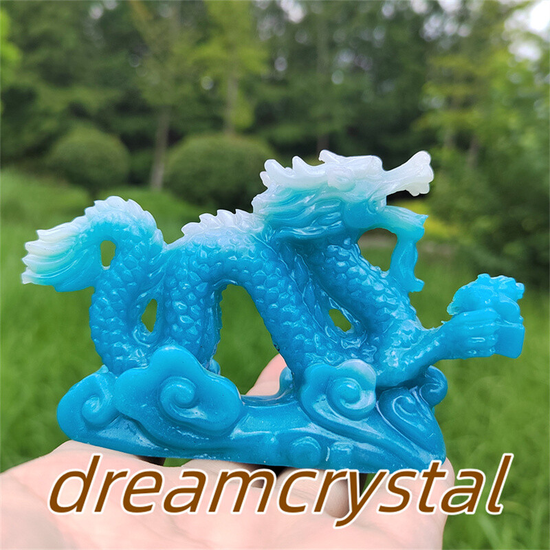 4″ Blue Luminous Stone Sculpture Chinese Dragon Resin Sculpture Skull Gift 1pc