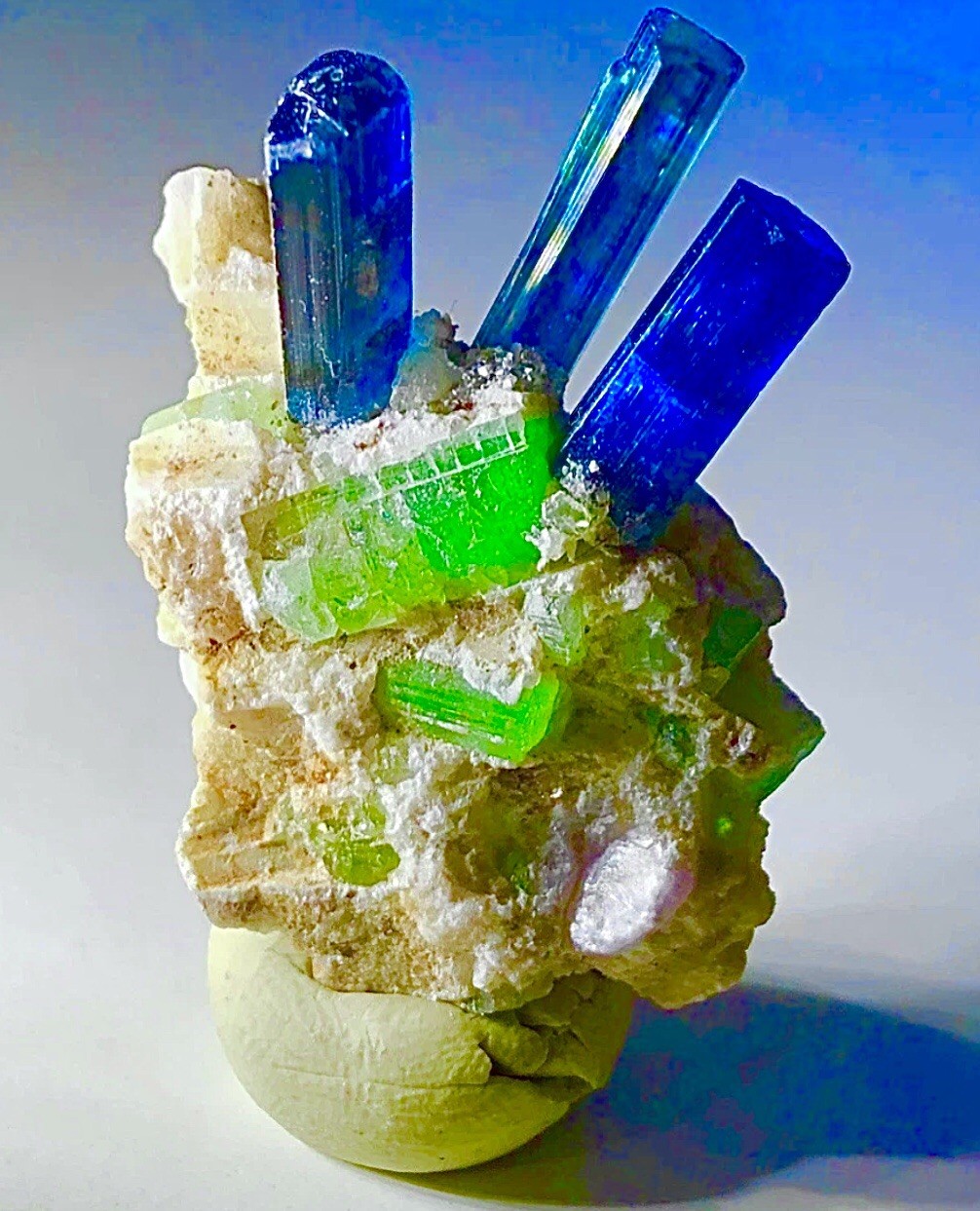 Neon Blue Green Tourmaline On Quartz Crystal Raw Rough Specimen Cluster Matrix