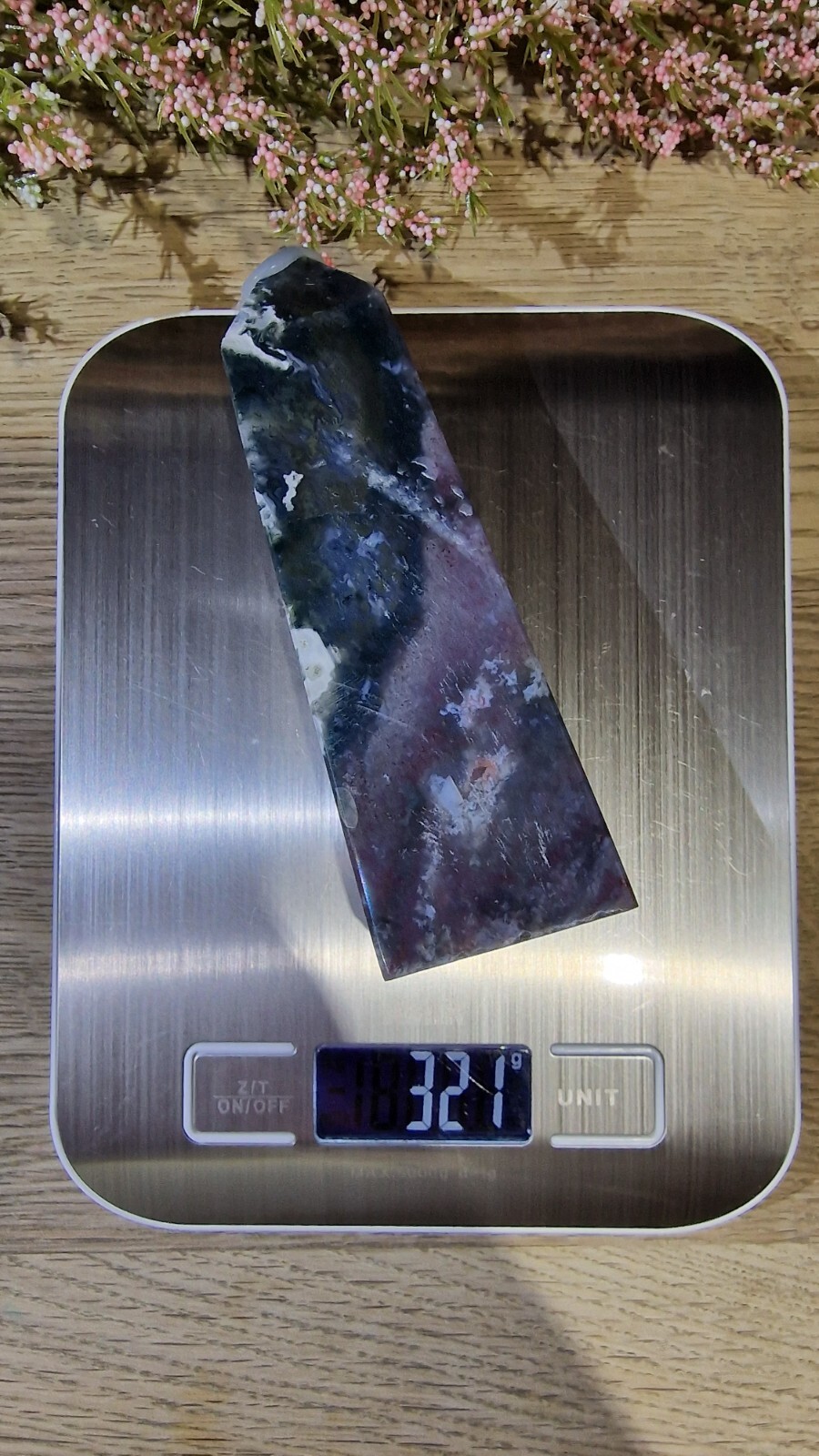 Moss Agate Crystal Tower Point w Druzy Pockets 321g 13cm