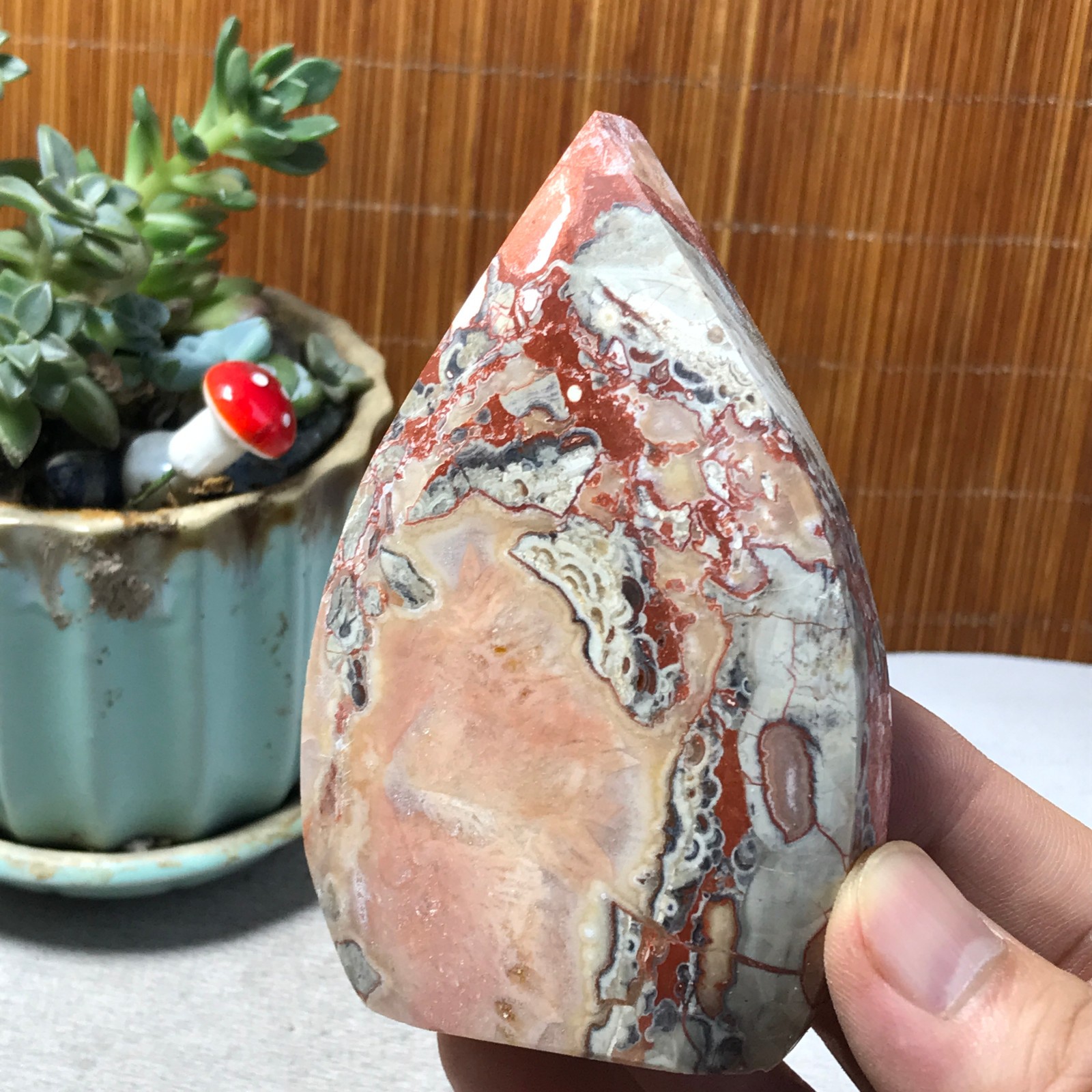 Natural money Mexico agate hand carve leaf Crystal Specimen free standing A6529
