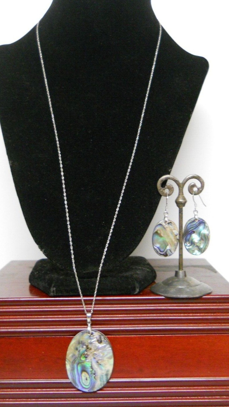 24″ Sterling Silver Necklace Authentic Abalone Shell & Earrings Jewelry Set #681
