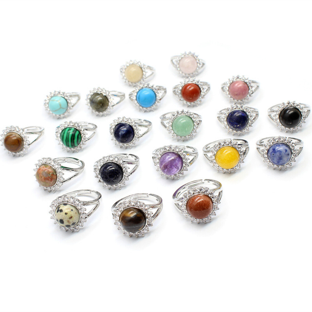 Natural Crystal Flower Round Bead Chakra Ring Quartz Jewelry Healing Reiki Gift