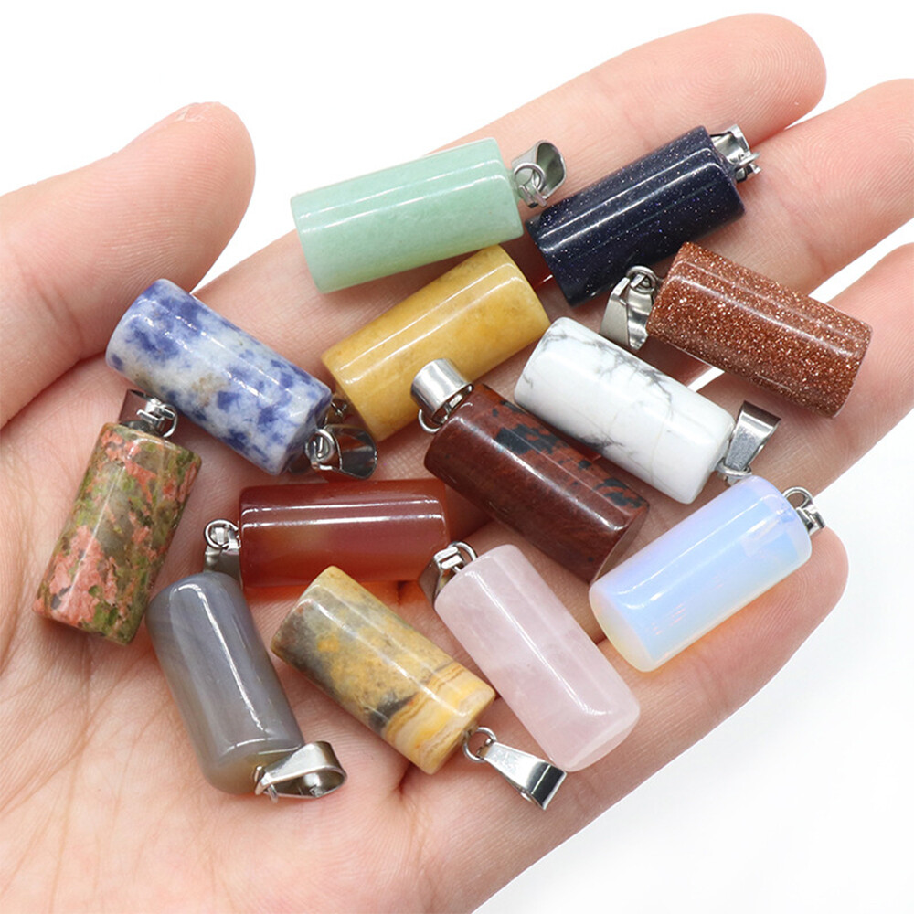 10x20mm Mini Natural Crystal Cylinder Pendants Stone Charms Chakra Bead Necklace