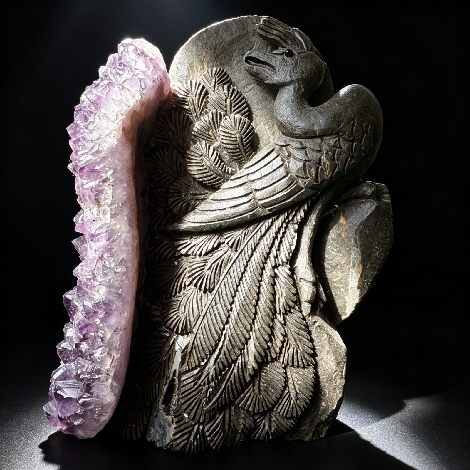 Hand Carved Natural Amethyst Cluster Peacock Sculpture | office desk luxury Gift
