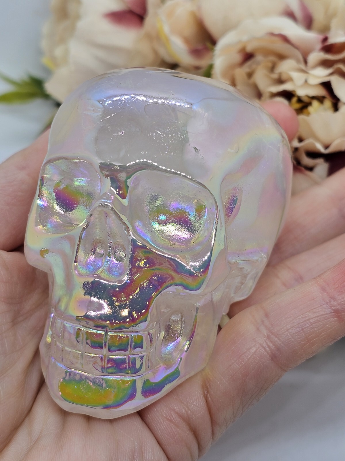 *SALE* Angel Aura Rose Quartz Rainbow crystal Skull 281g 5x7x4.8cm