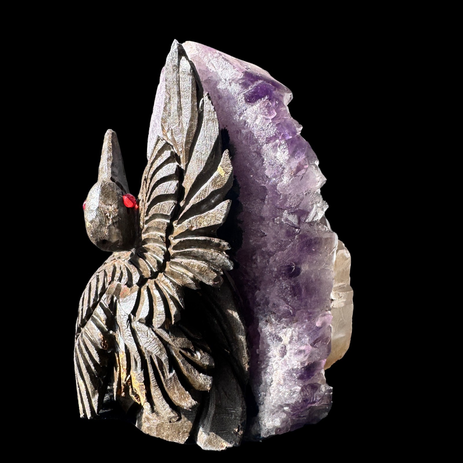 Hand-Carved Amethyst Cluster Bird Sculpture -Serenity & Intuition Art Home Decor