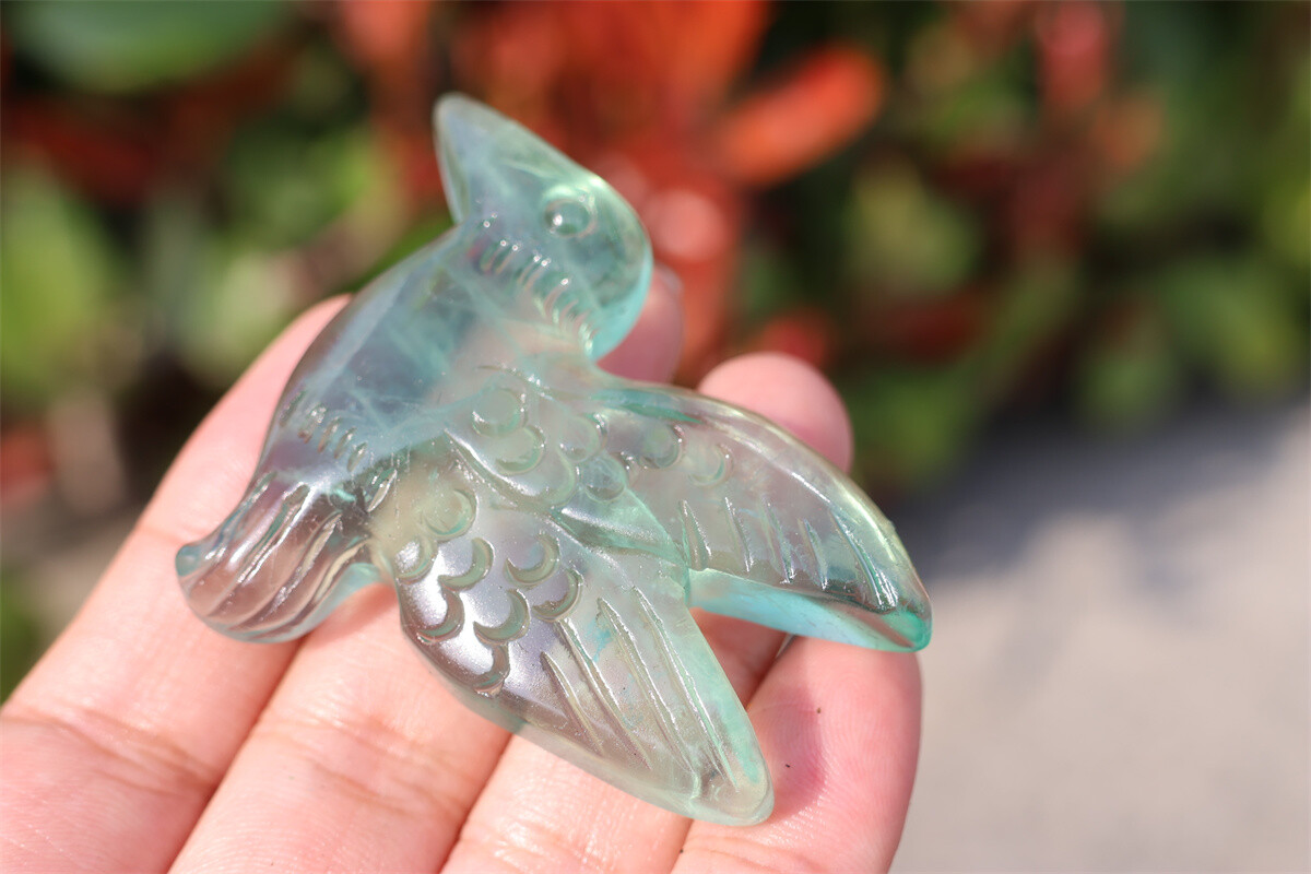 2.3” Carved Natural fluorite Hummingbird Crystal Skull decor reiki gift 1pc