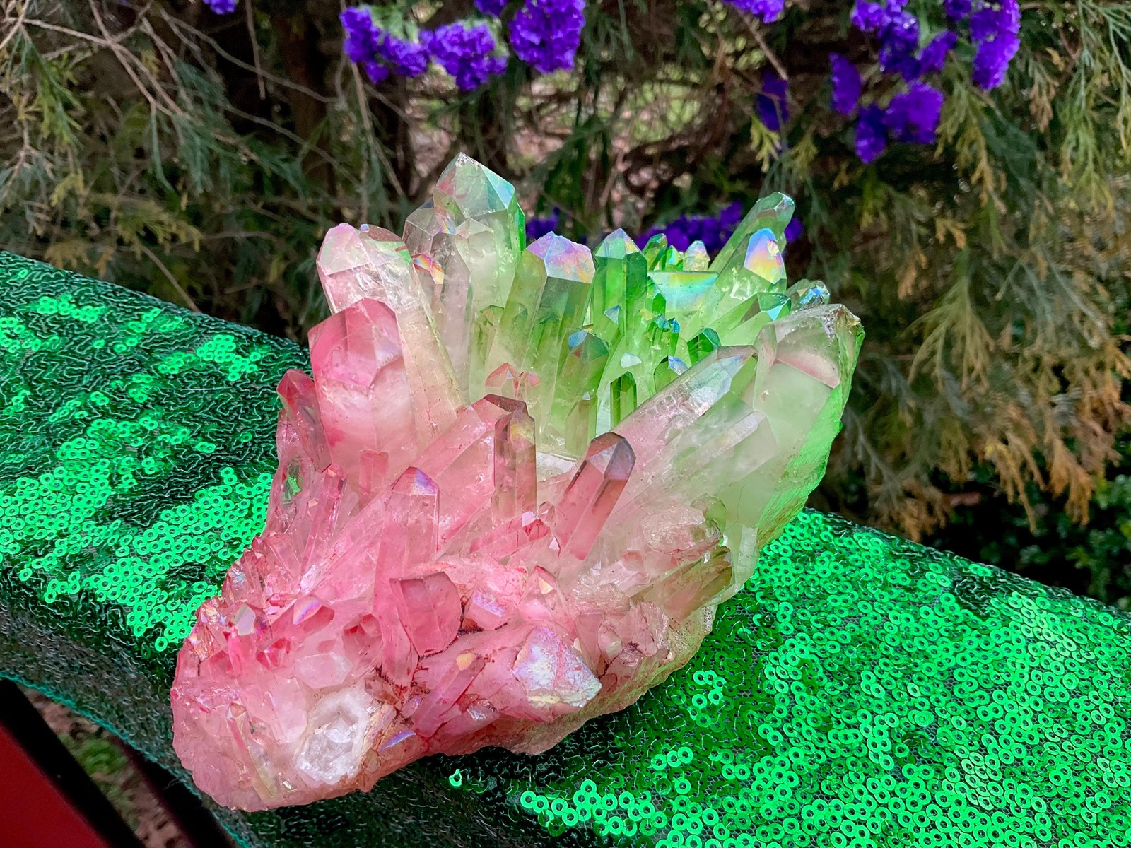 Pink & Green Aura Quartz Crystal Cluster ~ 1 Lb. 14 oz. ~ 6 1/2″ Long ~ Sparkli