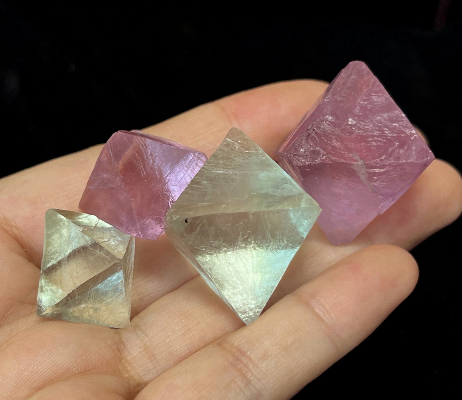 4pcs=USD28 Jelly-like Purple and Green Octahedron Fluorite from China