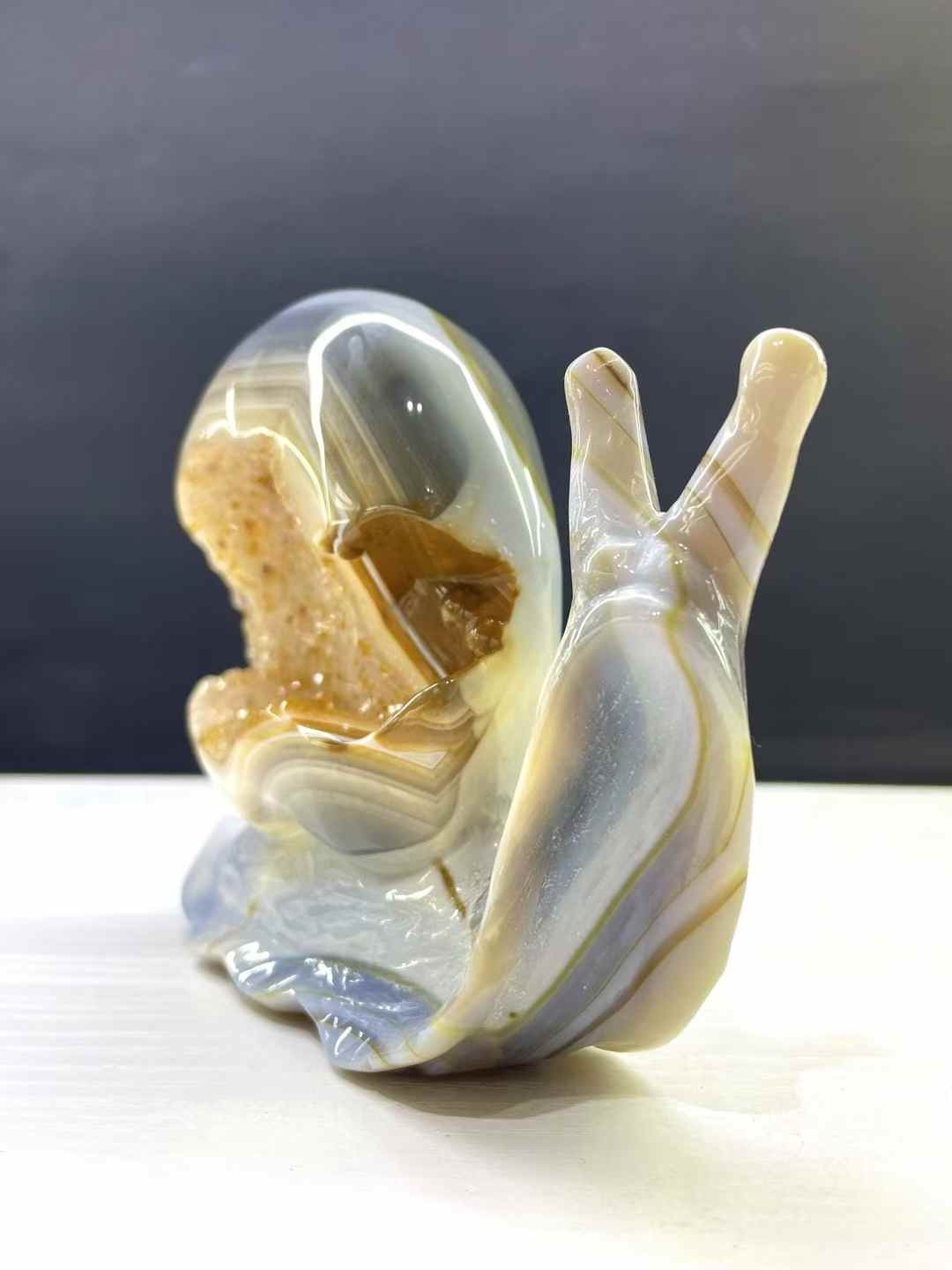 140*110mm Natural Agate Geode Quartz Carved Crystal Snail Skull Reiki Decor