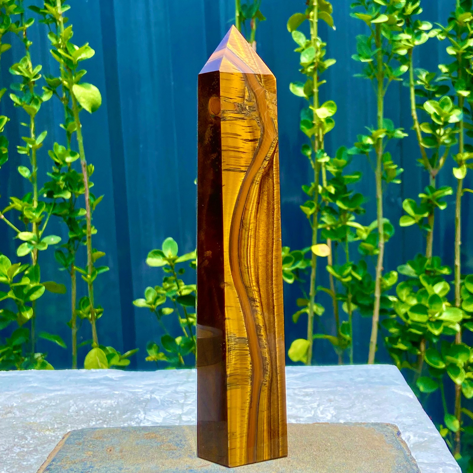 1.9LB Natural Golden Tiger Eye Stone Obelisk Quartz Wand Crystal Pillar Healing