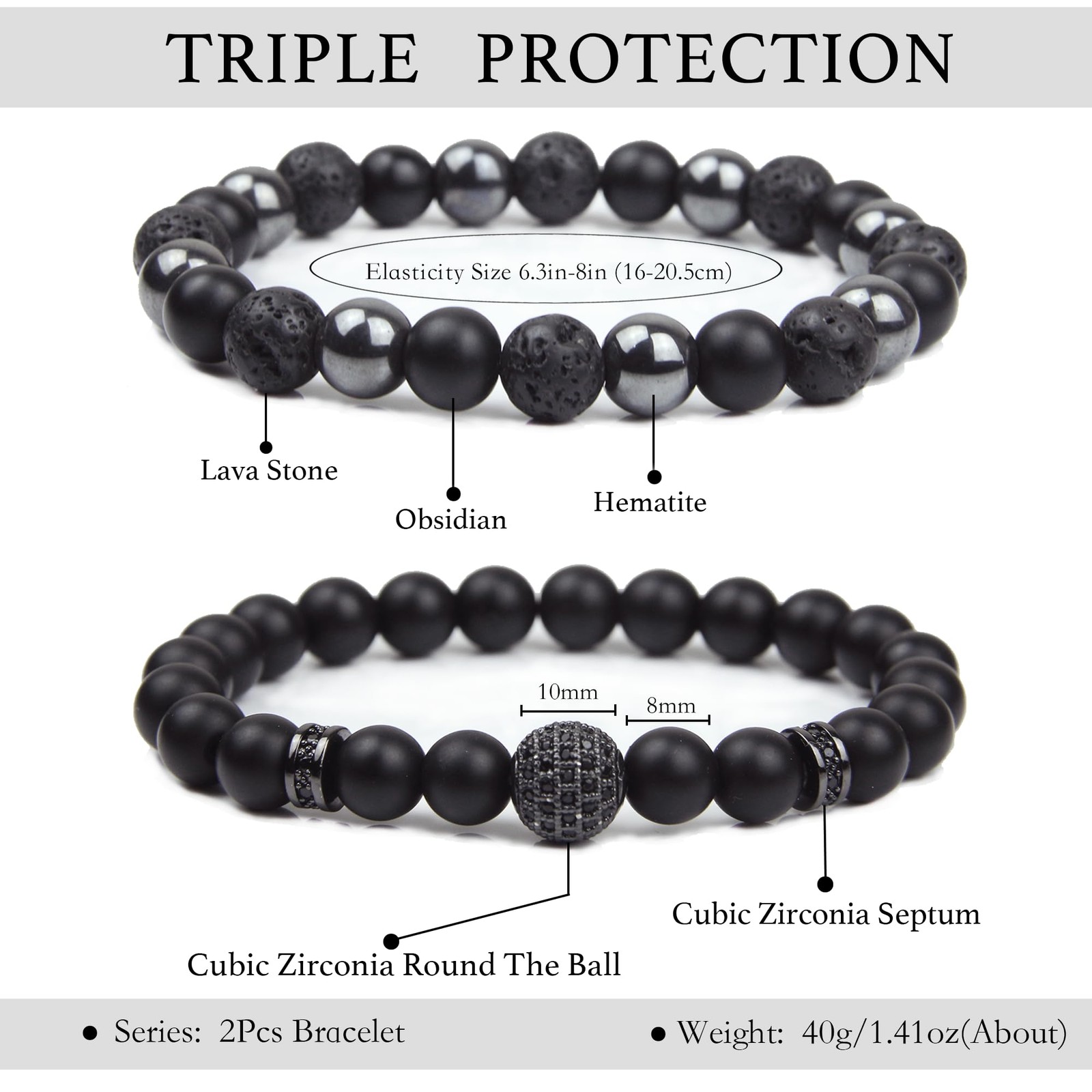 Black Obsidian Bracelet for Men – Black Tourmaline Beaded Bracelets – Mens Brace