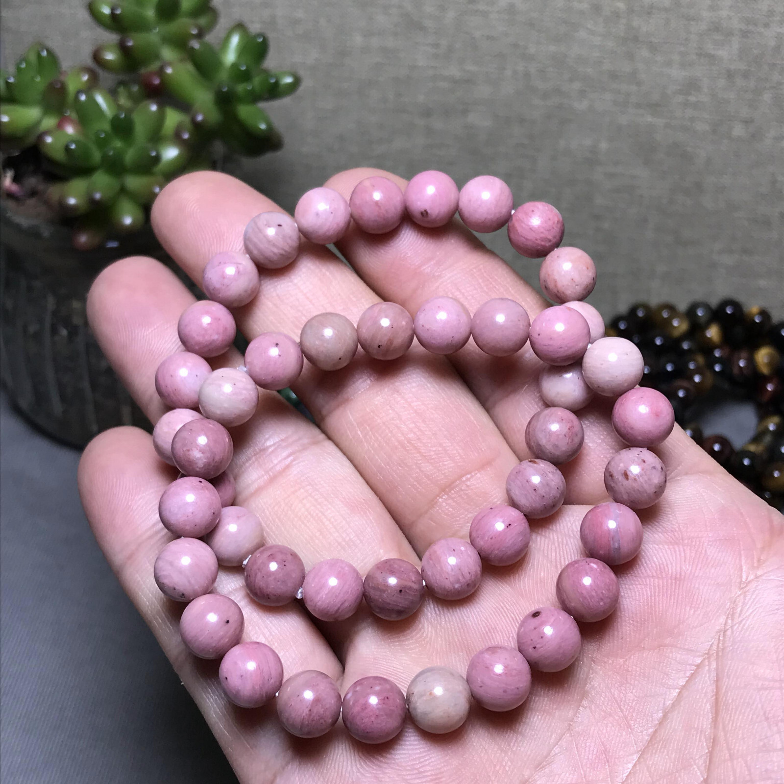 5Pcs Wholesal Natural Redwood pattern Pink bracelets Crystal ball sphere 8mm