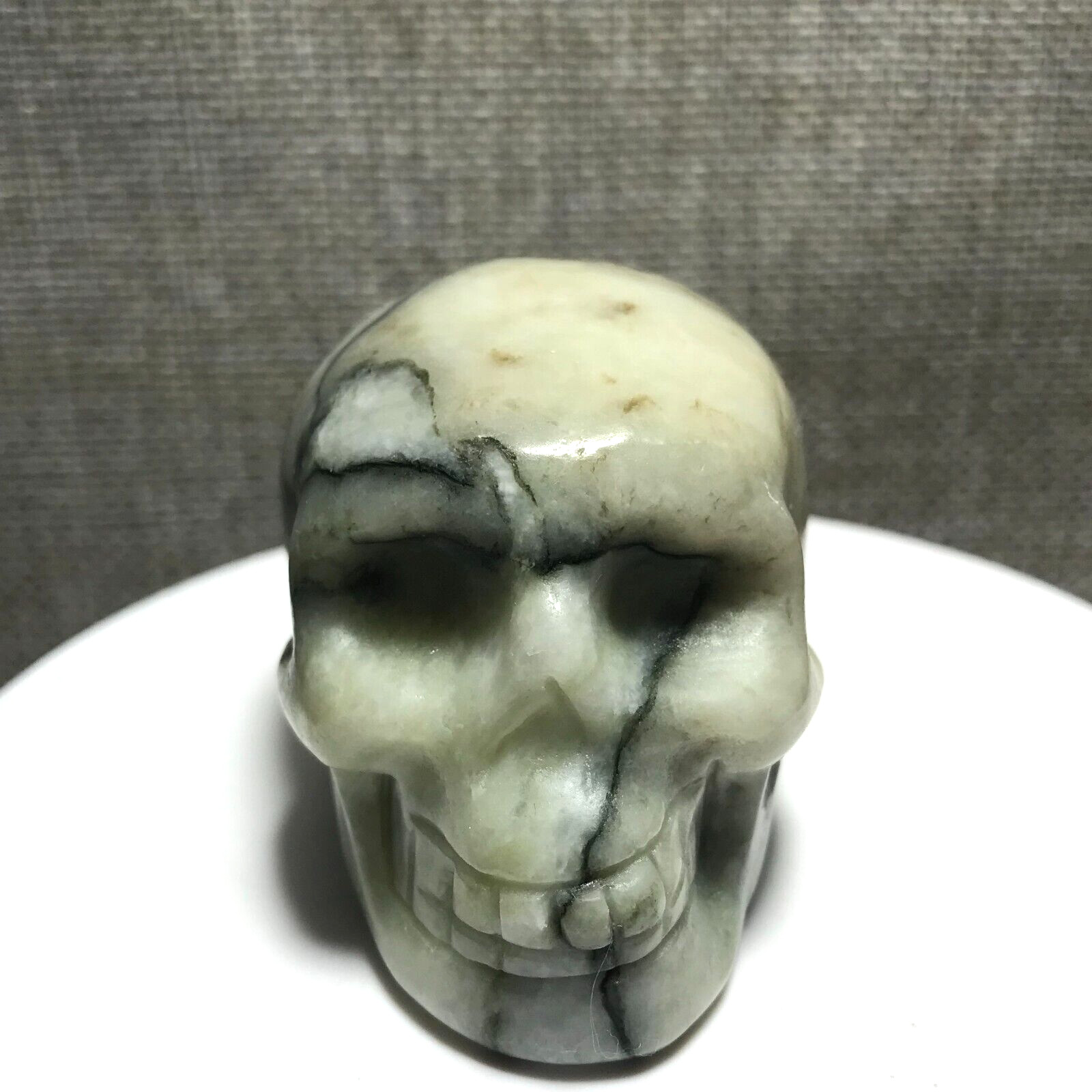 205g Natural Green Network Picasso Jasper Hand Carved Crystal Skull Realistic 10