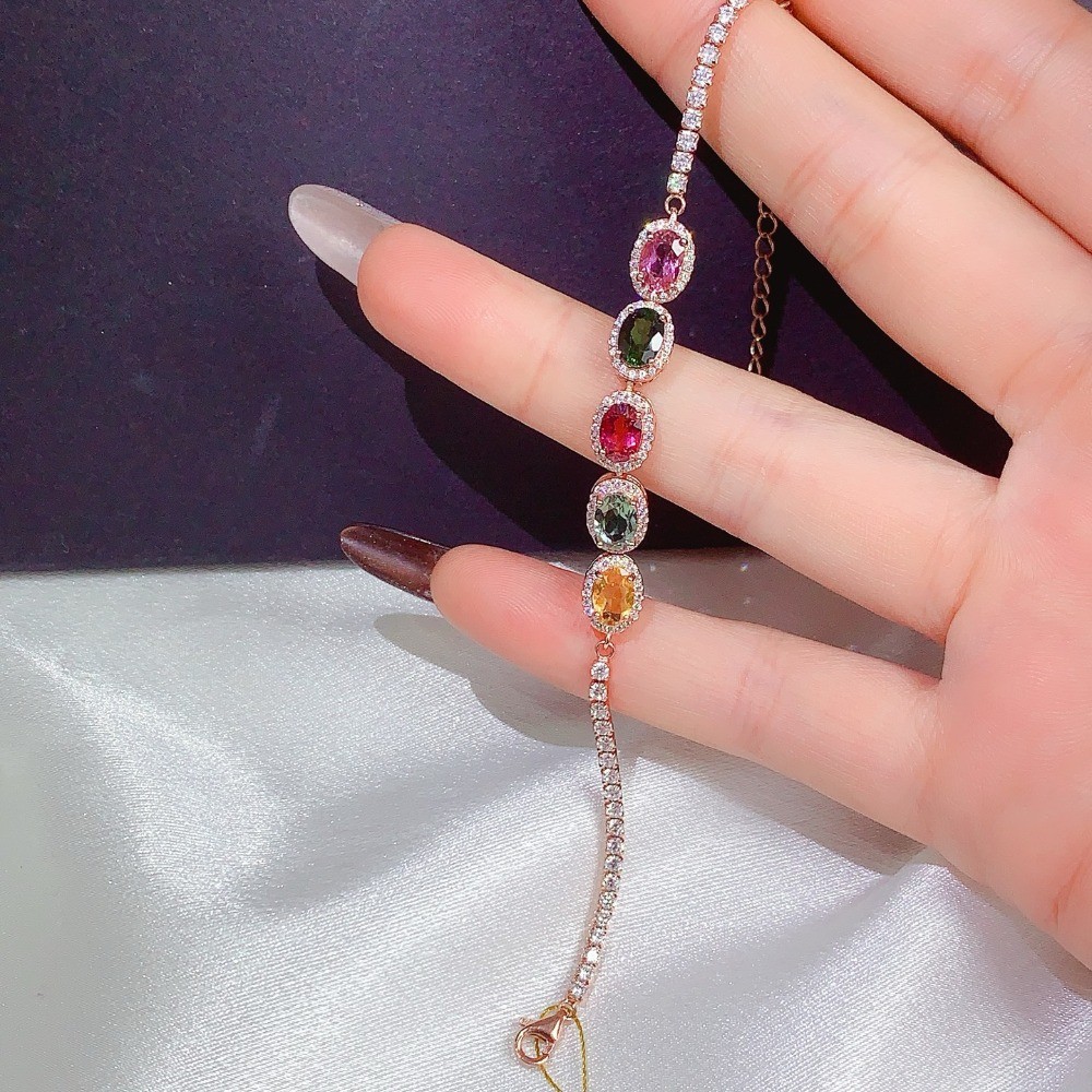 Natural Tourmaline Ruby Gemstone Emerald bracelet S925 Silver Plated 18K Gold
