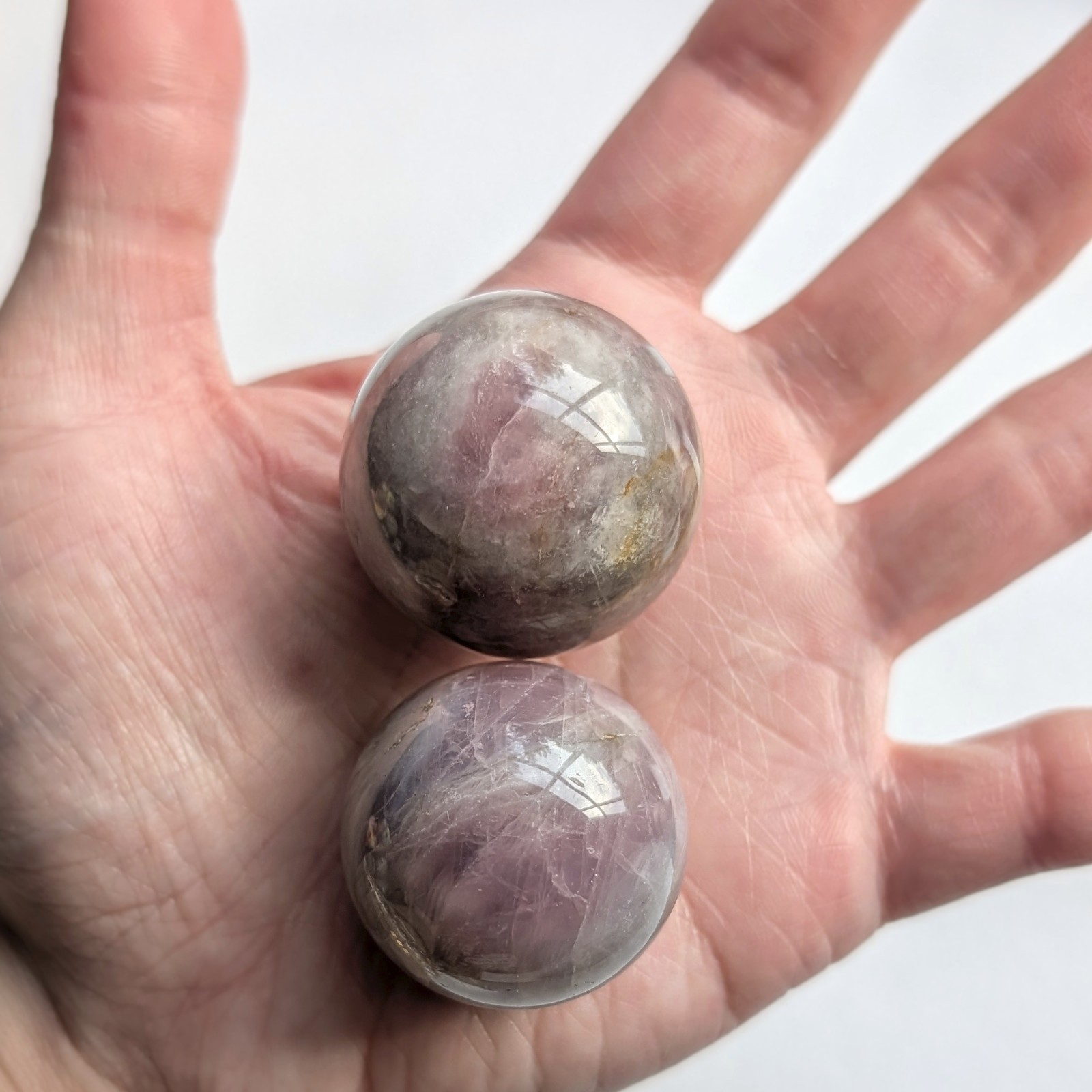 duo of 31mm lavender rose quartz sphere with chatoyancy, purple rose quartz