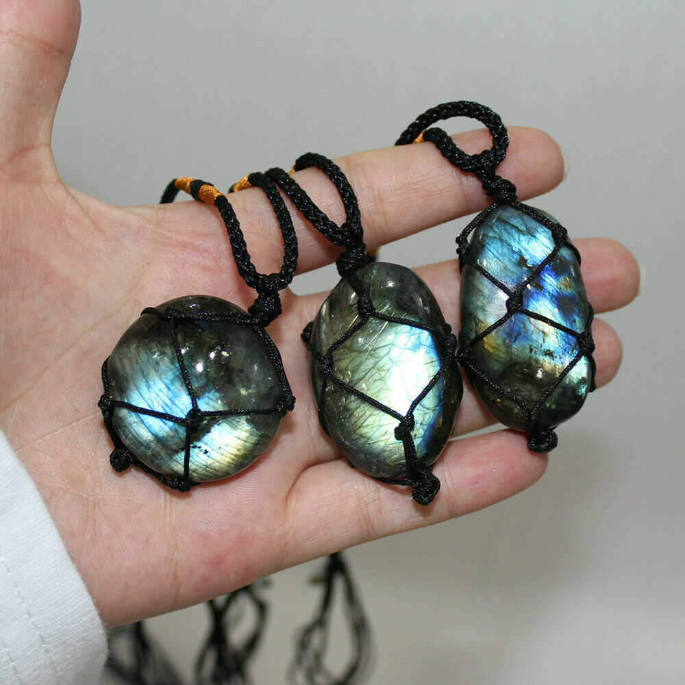 Wrap Women Mens Natural Stone Necklace Labradorite Pendant Crystal Moonstone