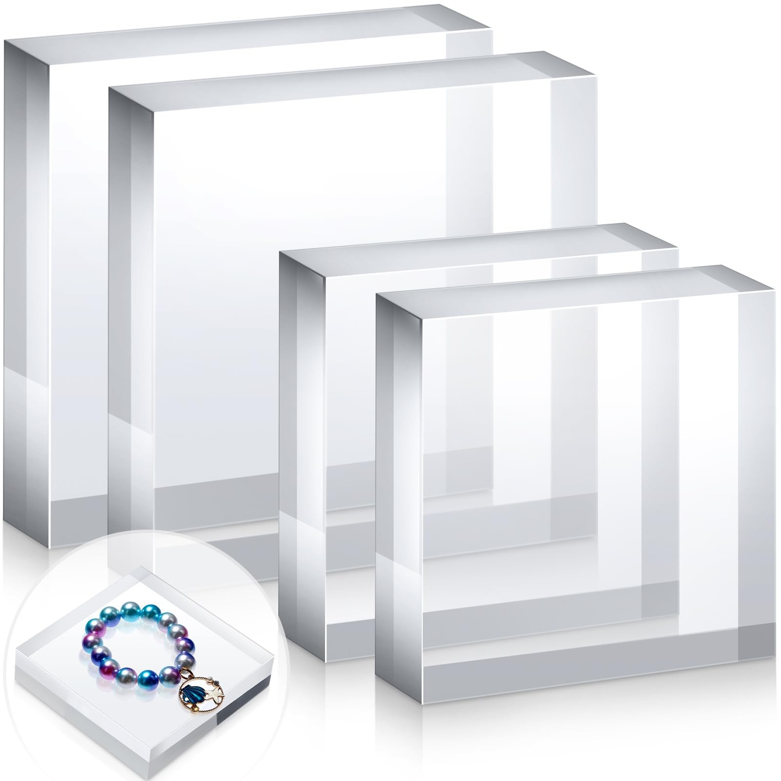4 Pieces Acrylic Square Display Block 3 x 3 x 1 Inches, 4 x 4 x 1 Inches Clea…
