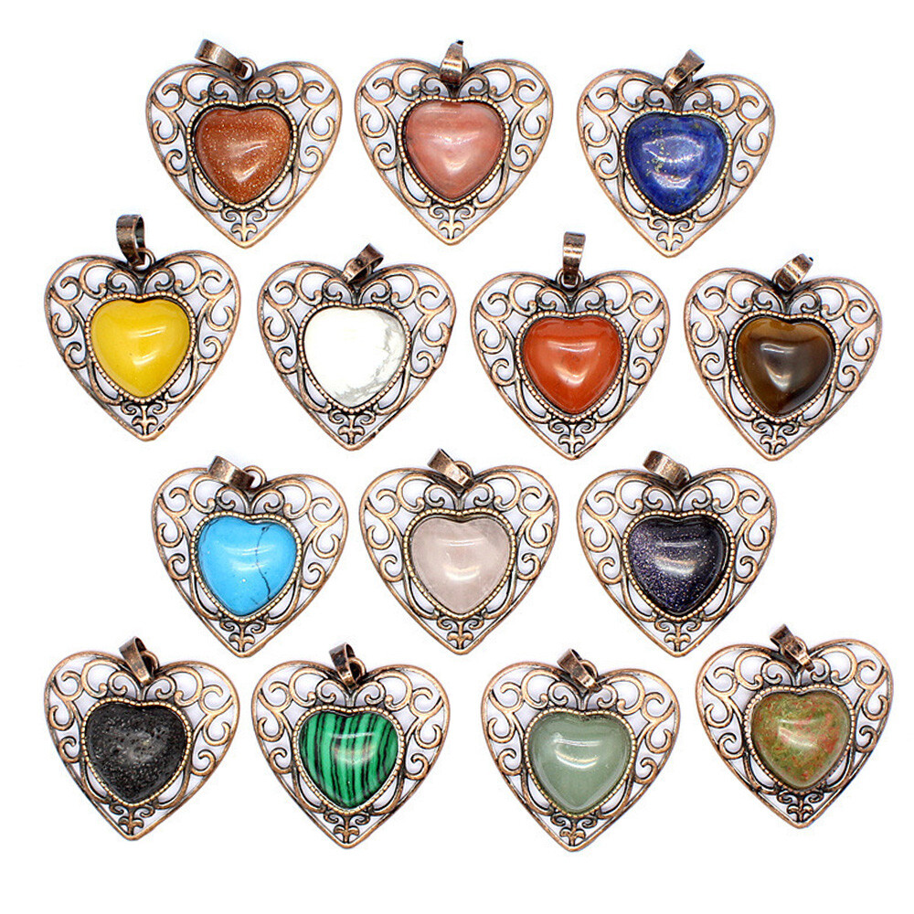 Natural Chakra Crystal Hollow Heart Bead Pendants Quartz Gemstone Healing Amulet