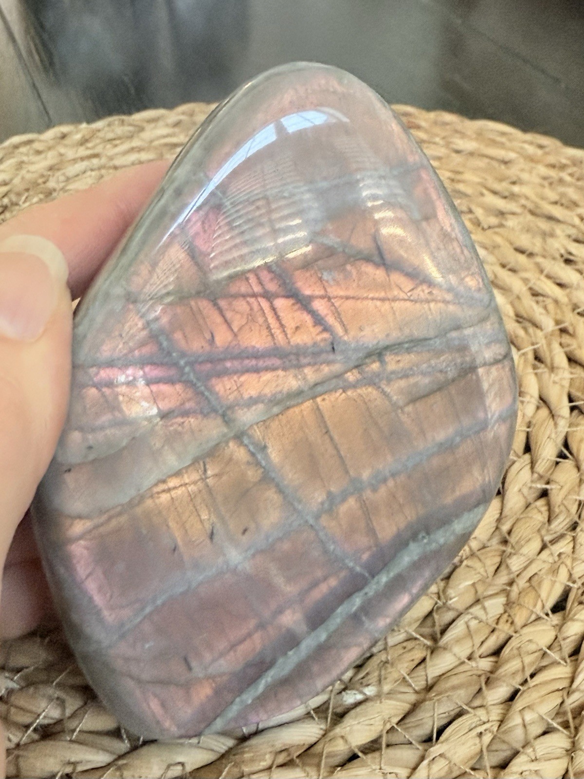 Sunset Purple Yellow Pink Labradorite Cutbase Freeform 14.9oz 4in. Crystal Stand
