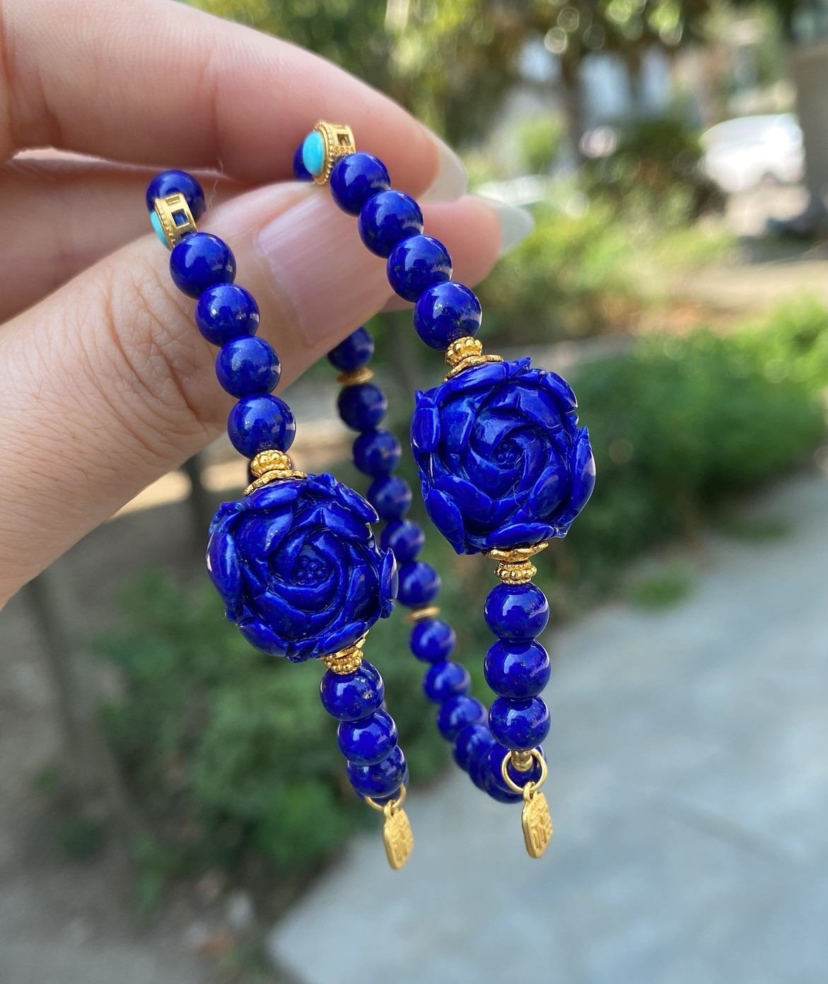 Natural Lapis Single Bracelet Hand Carved Peony Gem Ethnic Layering Wrist Decor