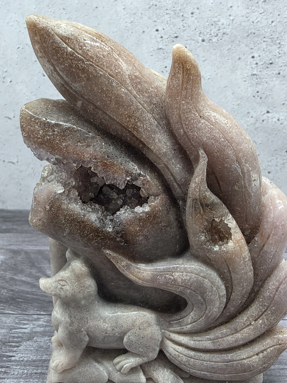 Pink Amethyst Druzy 9 Nine Tailed Fox Hand Carved Crystal Sculpture 2lb 10oz