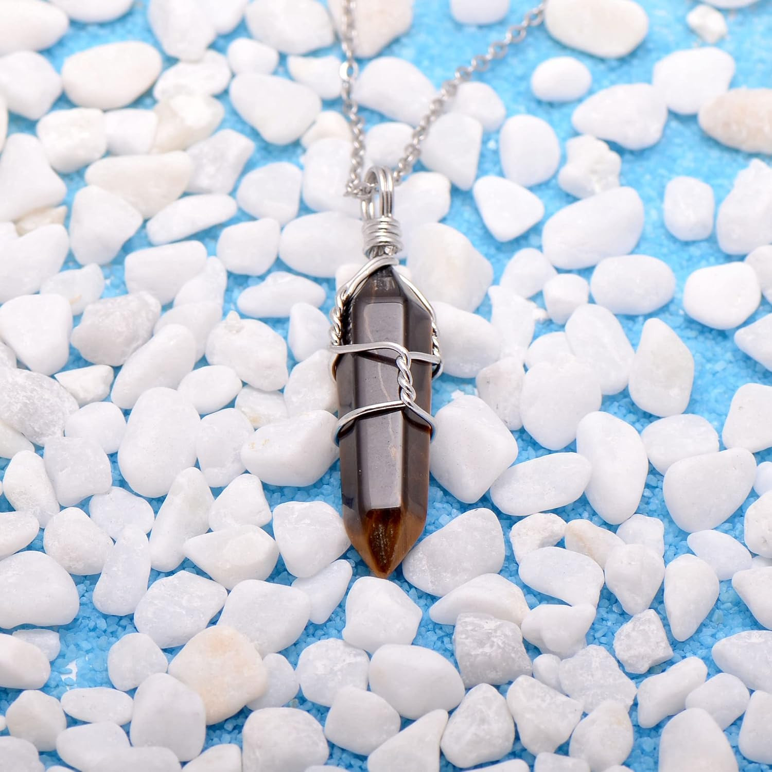 Natural Tiger Eye Crystal Point Pendant Necklace Wire Wrapped Chakra Women Men