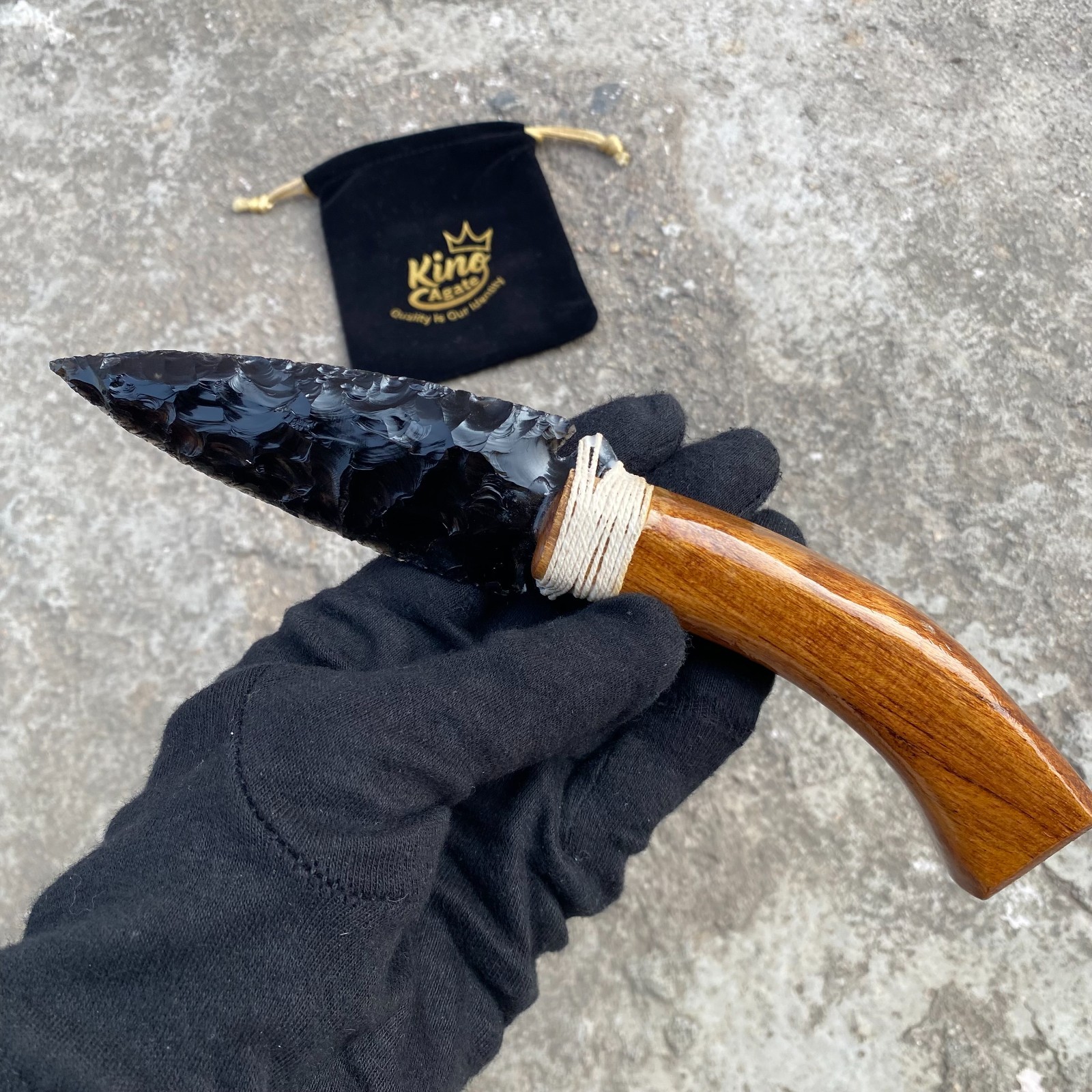 Handmade Black Obsidian Knife – Natural Volcanic Glass Blade – Wood Handle