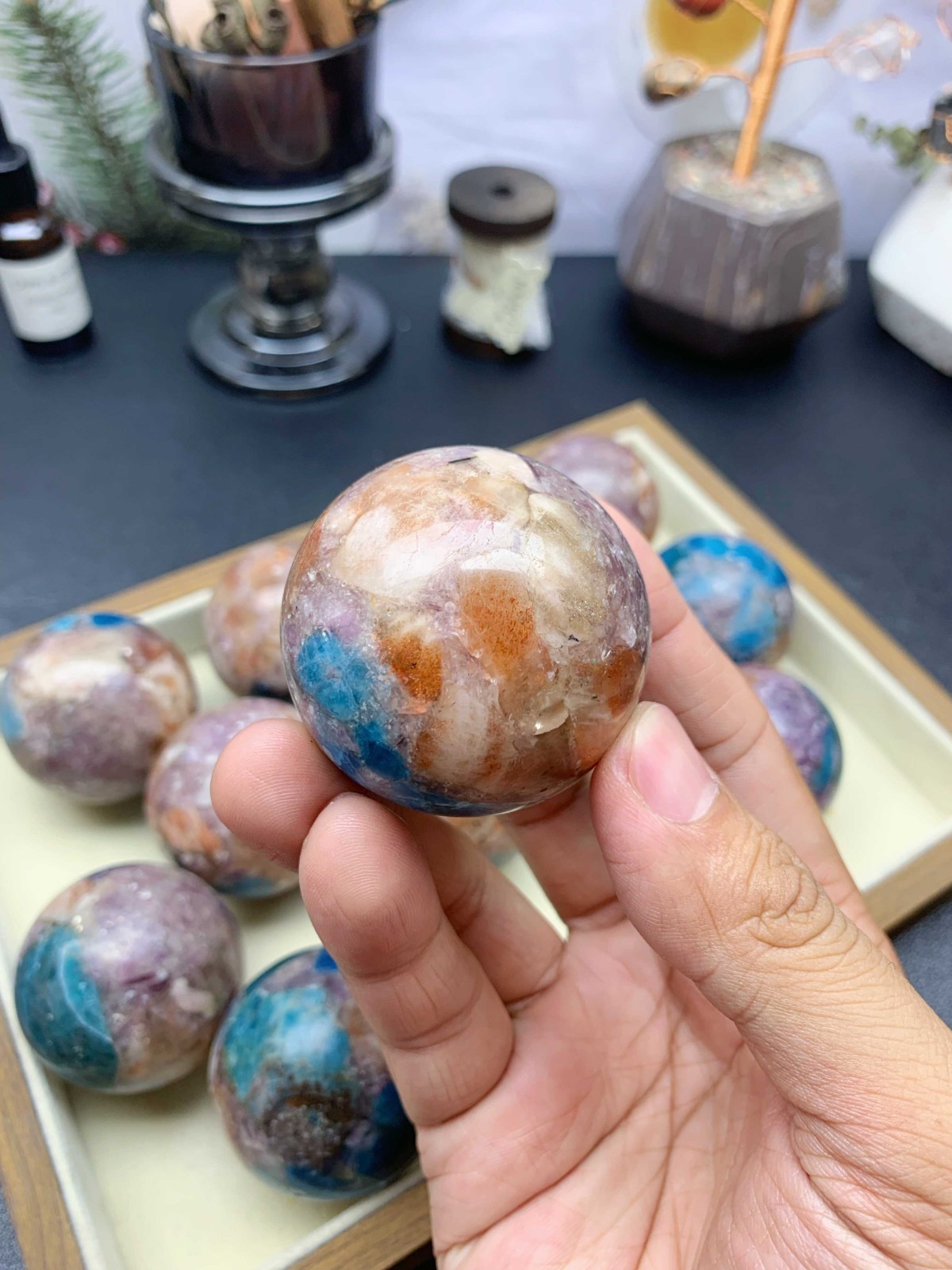 5cm Crystal Ball, Blue Apatite Sunstone Purple Mica Resin Composite Wooden Stand