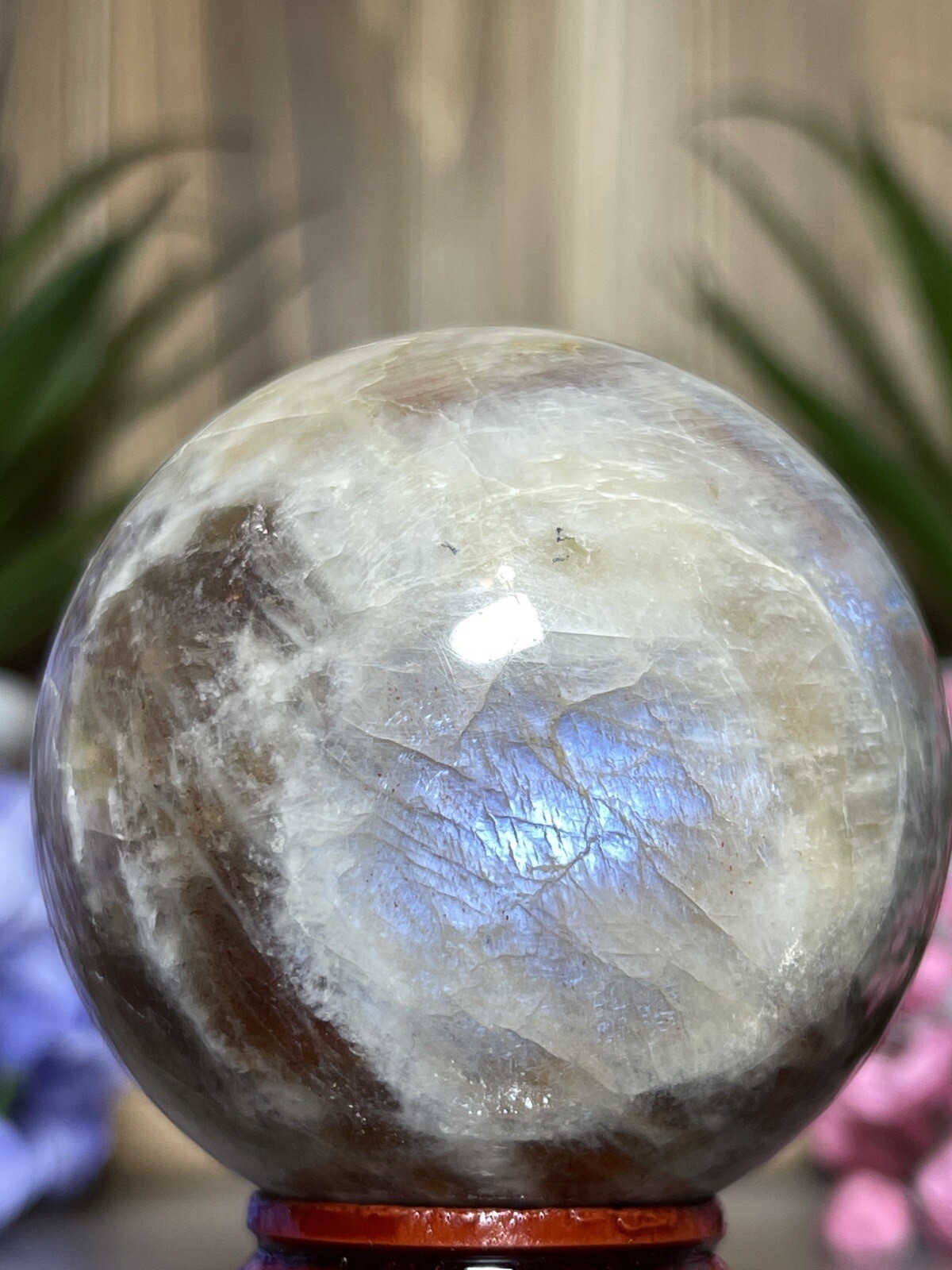 52mm MOONSTONE SUNSTONE SPHERE – Crystal Blue Feldspar Orange Mineral Witch 202g
