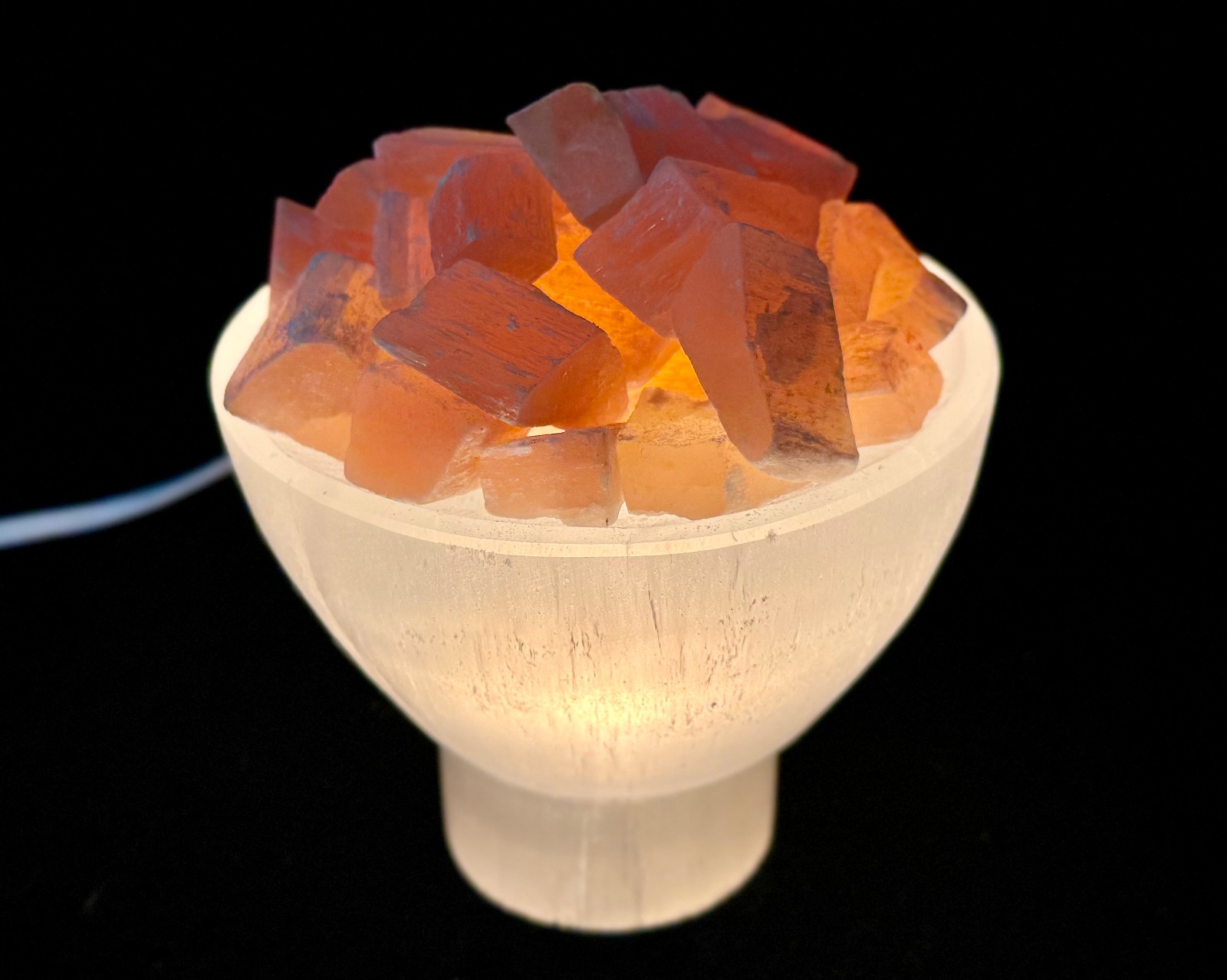 LARGE Selenite Crystal Bowl Lamp With Natural Orange Selenite Chunks