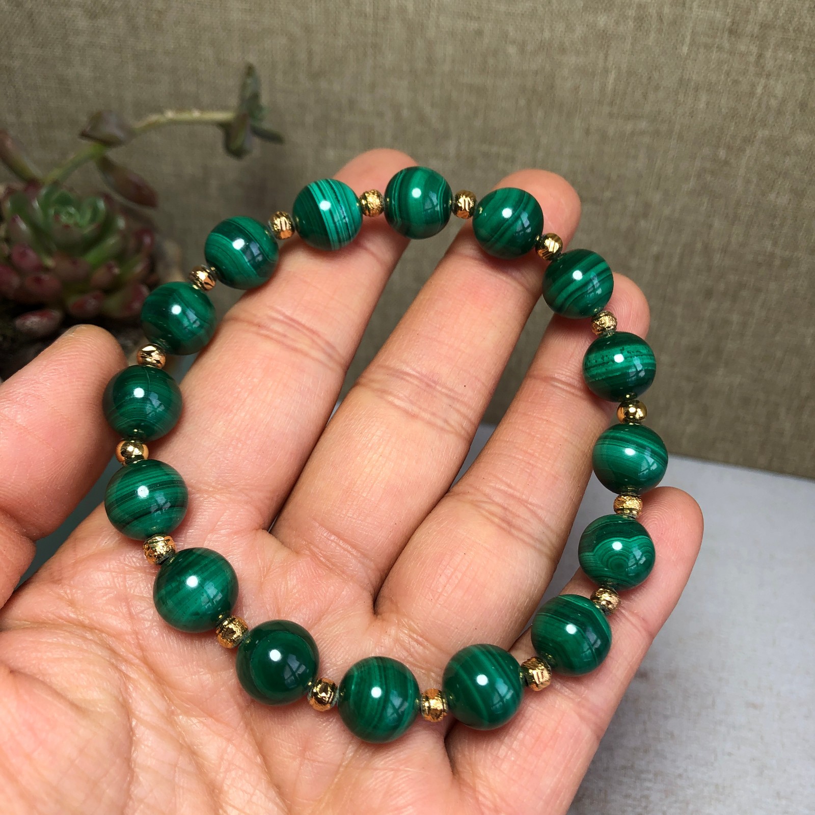 12mm Natural malachite gemstone Crystal chain beads bracelet 38-39g A4100