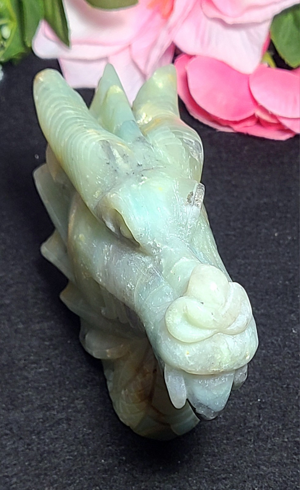 5.2″ 422g Blue Caribbean Calcite Dragon Head Crystal Skull Stone Carving Statue