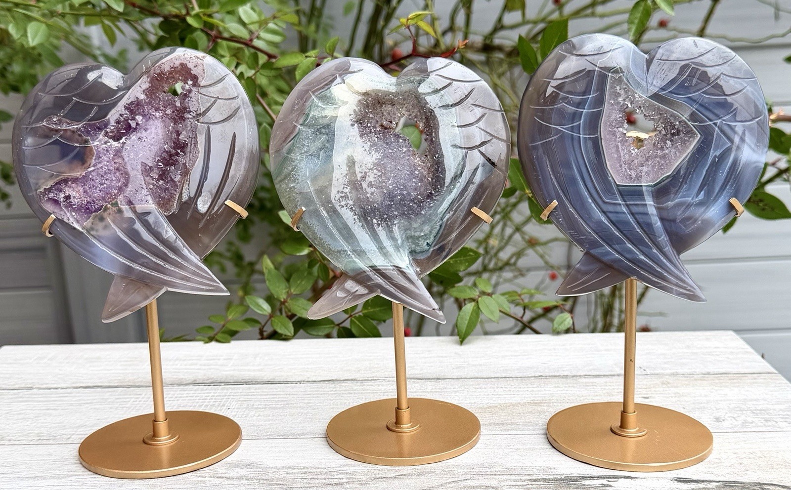 Wholesale Lot 3 Pcs Amethyst Agate Wing Heart Natural Crystal With stand Healing