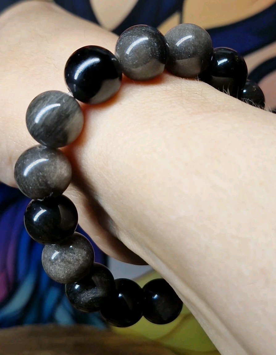 Silver Sheen Obsidian Crystal 12mm Bead Stretch Bracelet 20.4cm Or 19.2cm