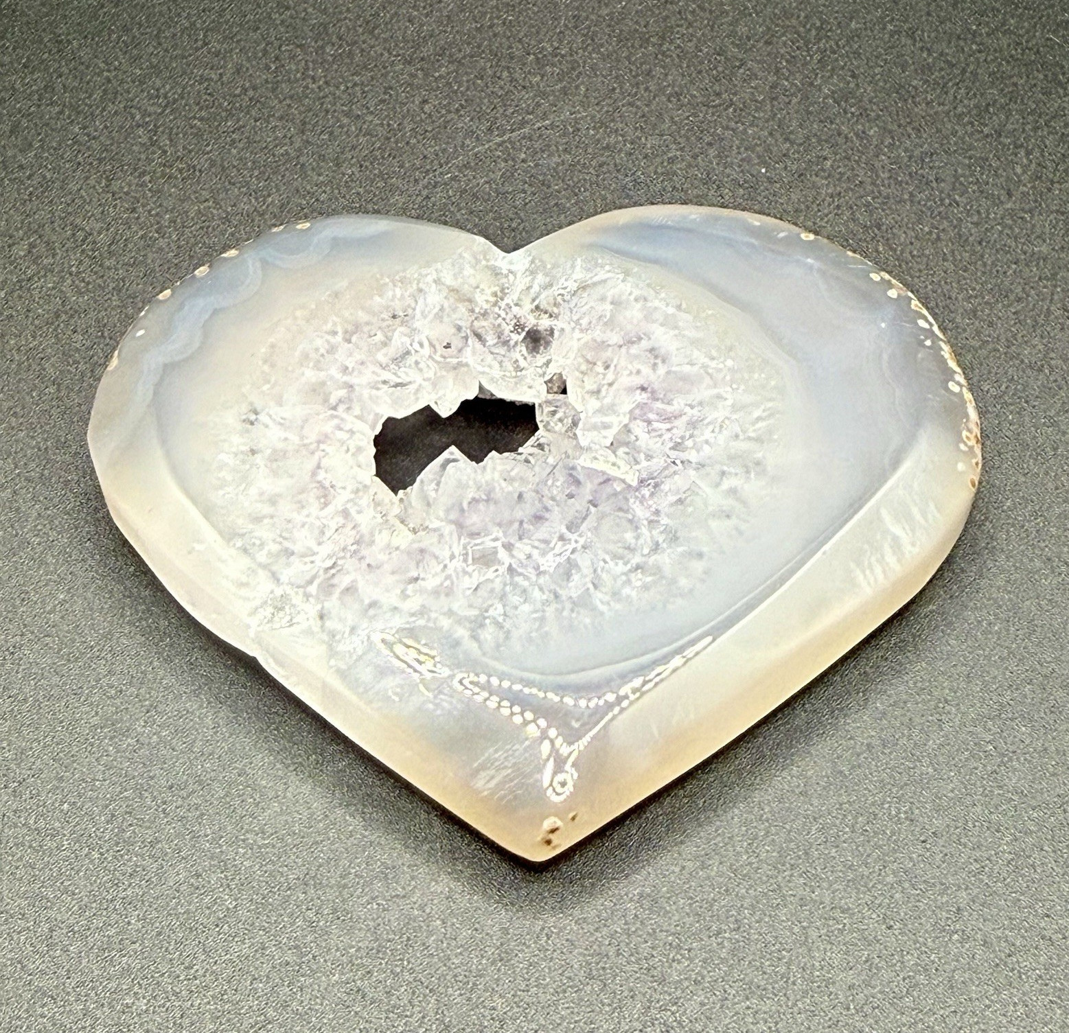 Polished Heart-Shaped Botswana Agate Slice with Druzy Crystal Center, White/Gray