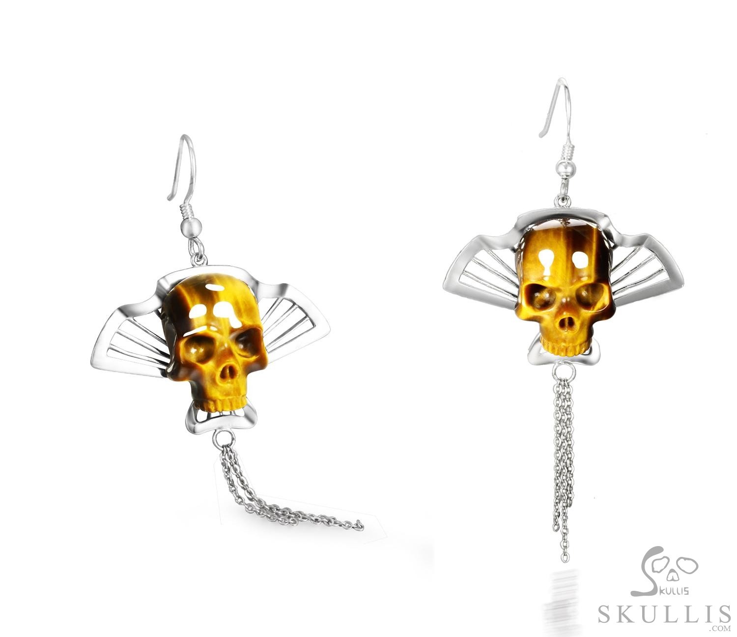 Gemstone Gold Tiger Eye & 925 Sterling Silver Carved Crystal Skull Earrings